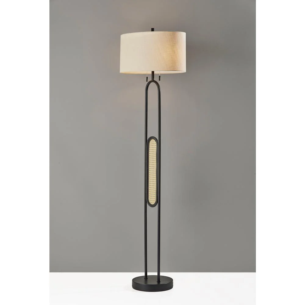 Adesso Levy Floor Lamp, Black with Webbed Caning Material, Cream Textured Fabric Shade