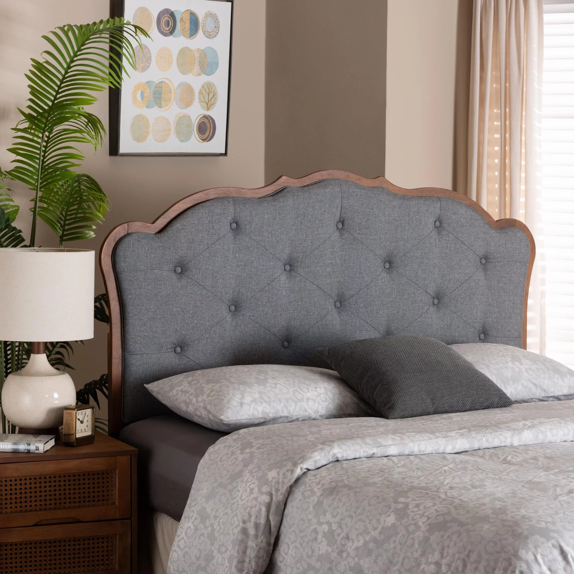Baxton Studio Leandra Classic and Traditional Grey Fabric and Walnut Brown Finished Wood Queen Size Headboard