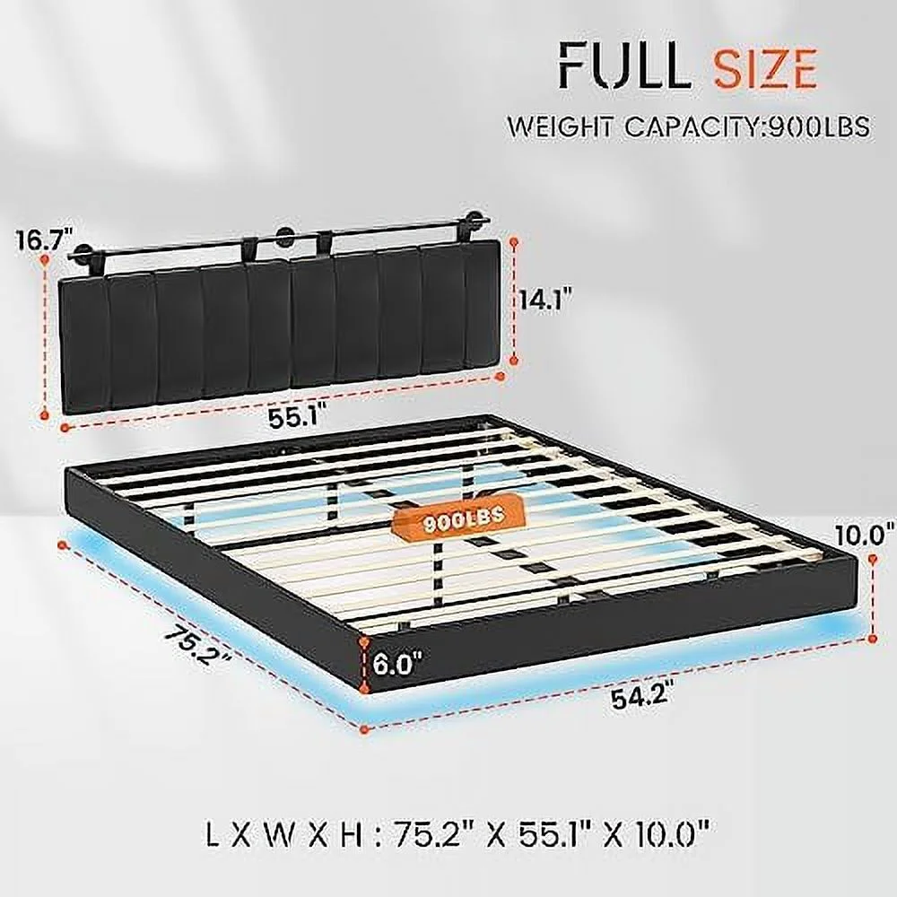 KHBIULIFE King Floating Bed Frame with Led Light  Modern Inspired King Size Platform Bed  Vegan Leather Upholstered Wall Mounted Headboard  No Box Spring Needed  Noise Free  Easy Assembly