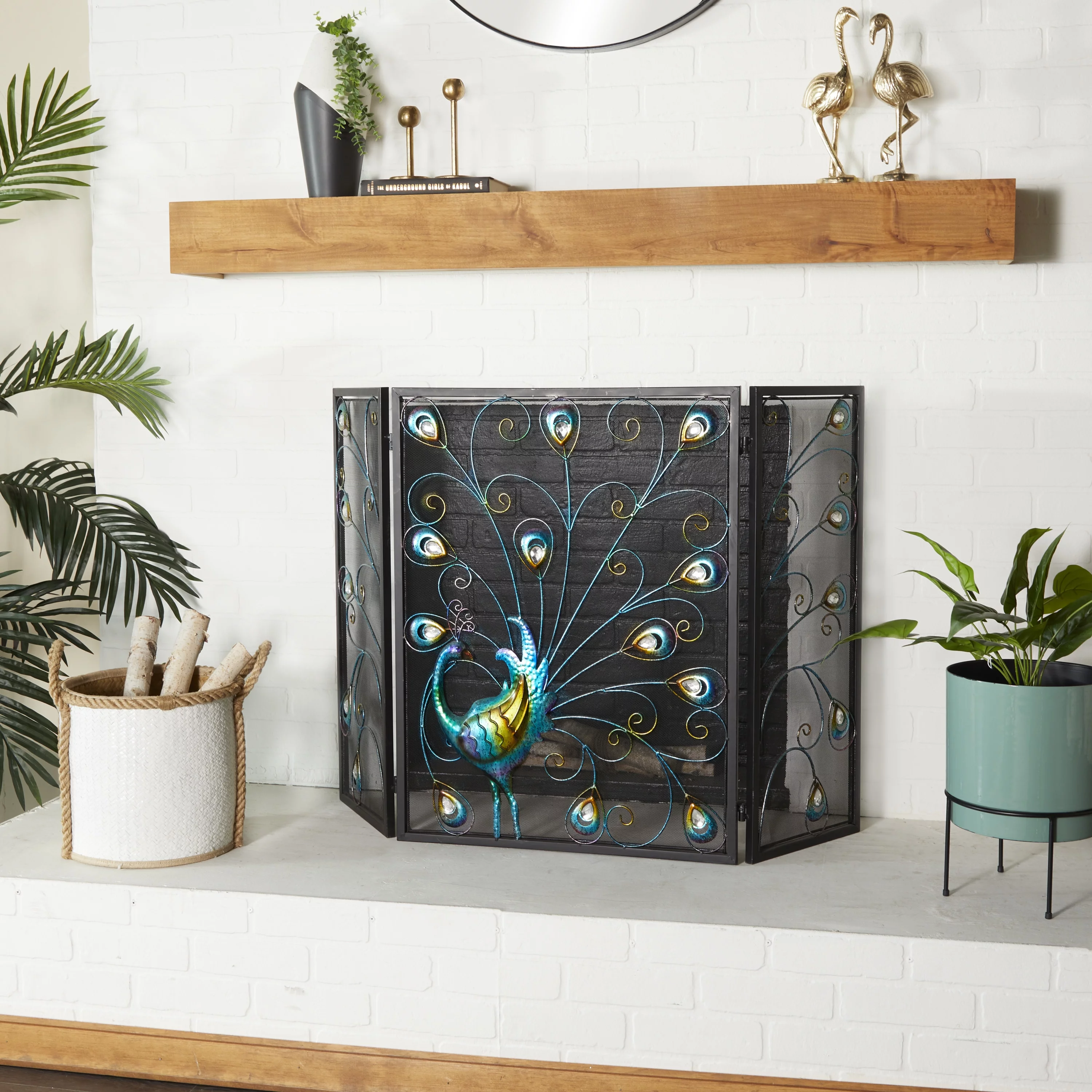 DecMode Black Eclectic Metal Fireplace Screen with Colorful Peacock Detail and Iron Frame, 48