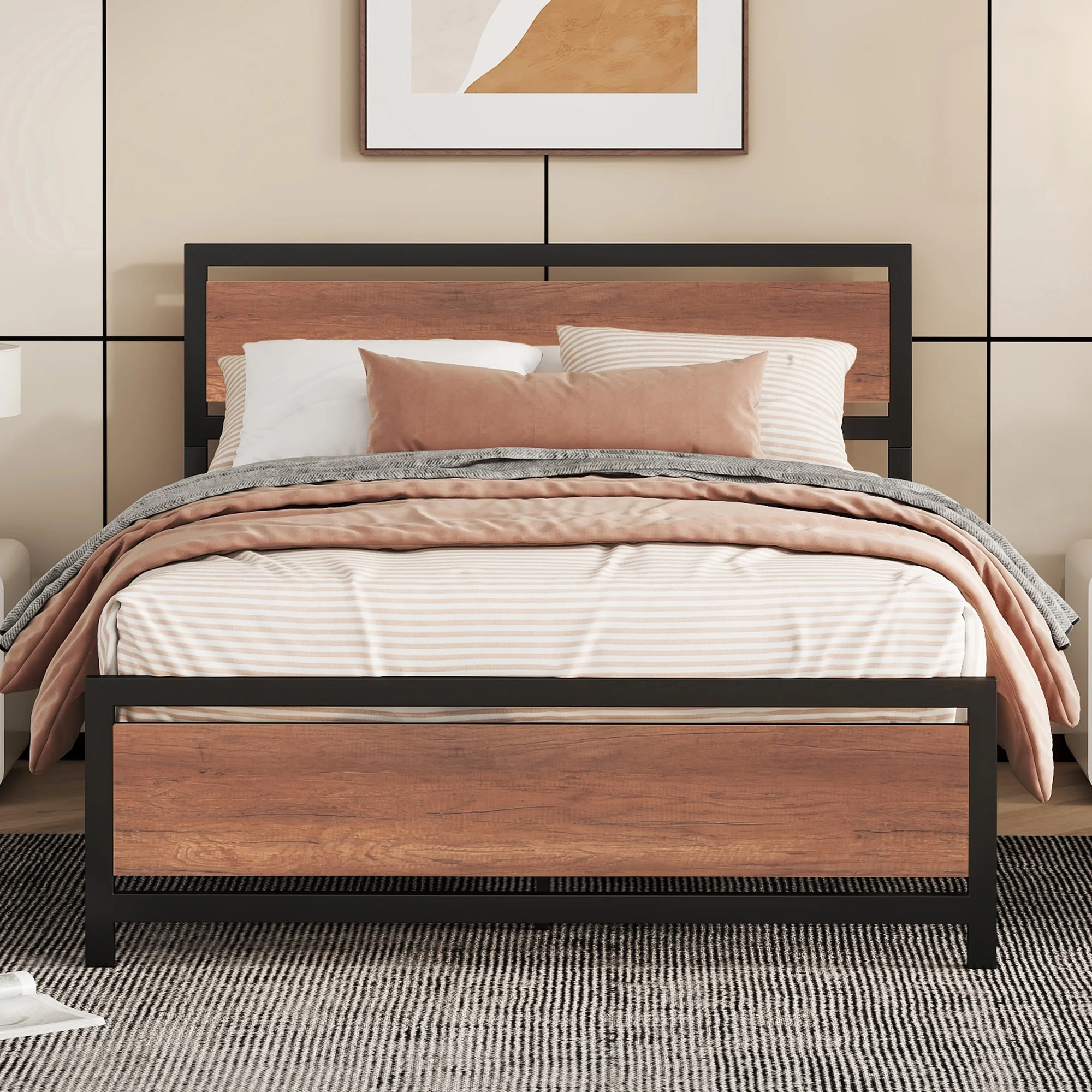 Full Size Platform Bed with Metal and Wood Frame, Headboard and Footboard, Black Finish