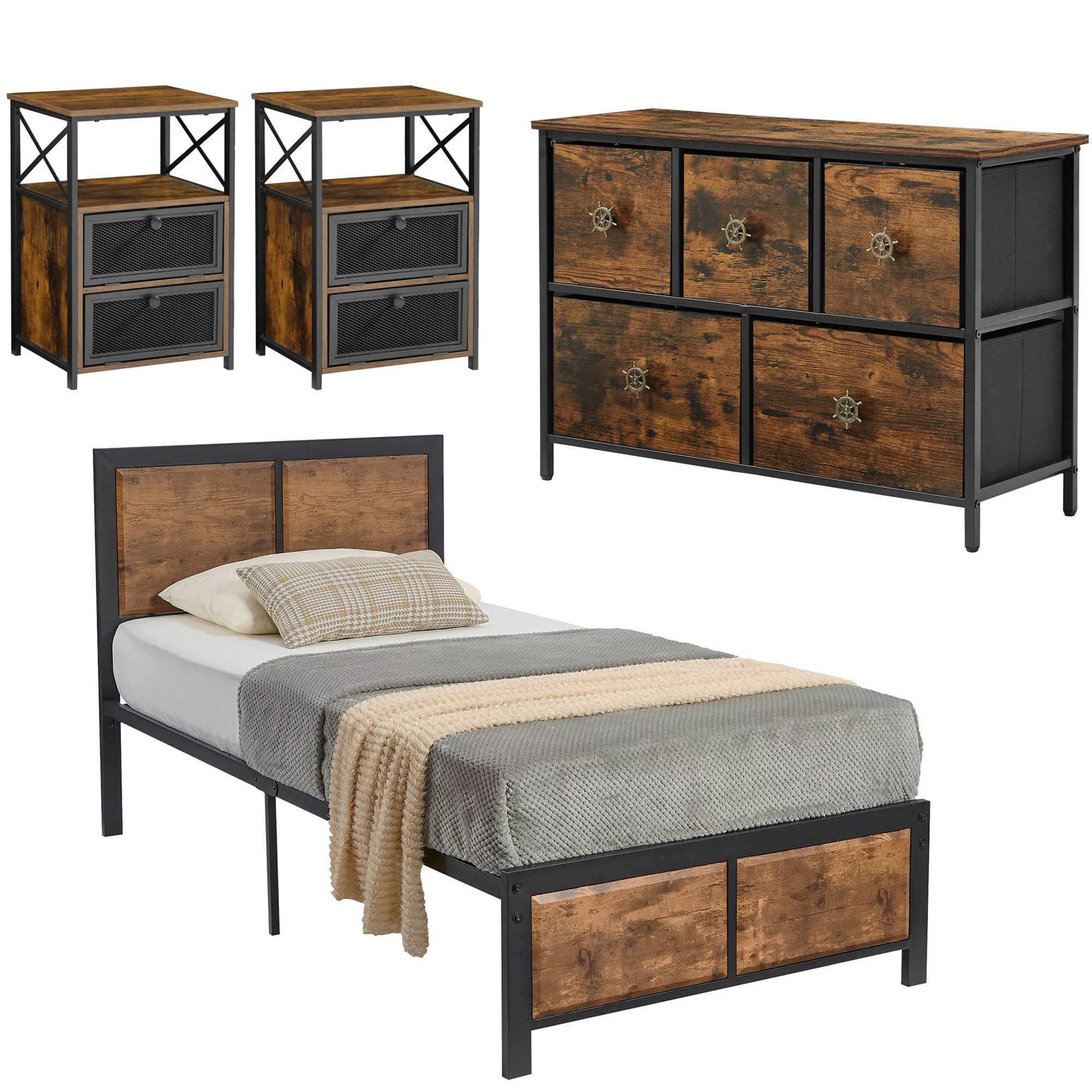 VECELO 4-Piece Twin Size Bedroom Set with Bed Frame & 5-Drawer Dresser & Two Nightstands, Brown