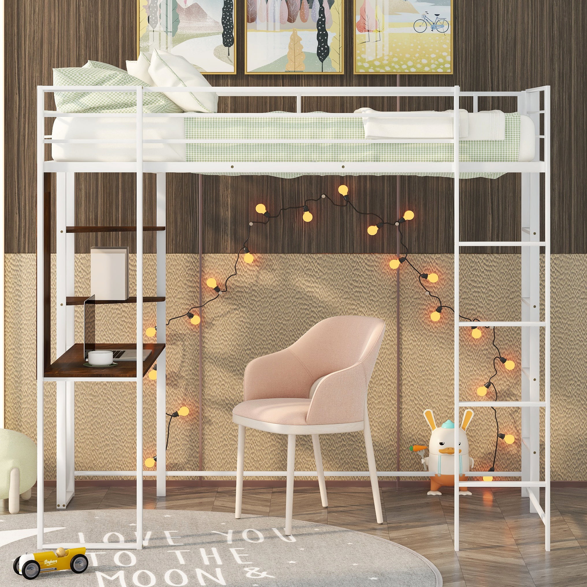 Bellemave Twin Size Loft Bed with Desk and Shelves, Metal Loft Beds Frame Built-in 2 Ladders, Hight Loft Beds for Kids Boys Girls Teens (White)