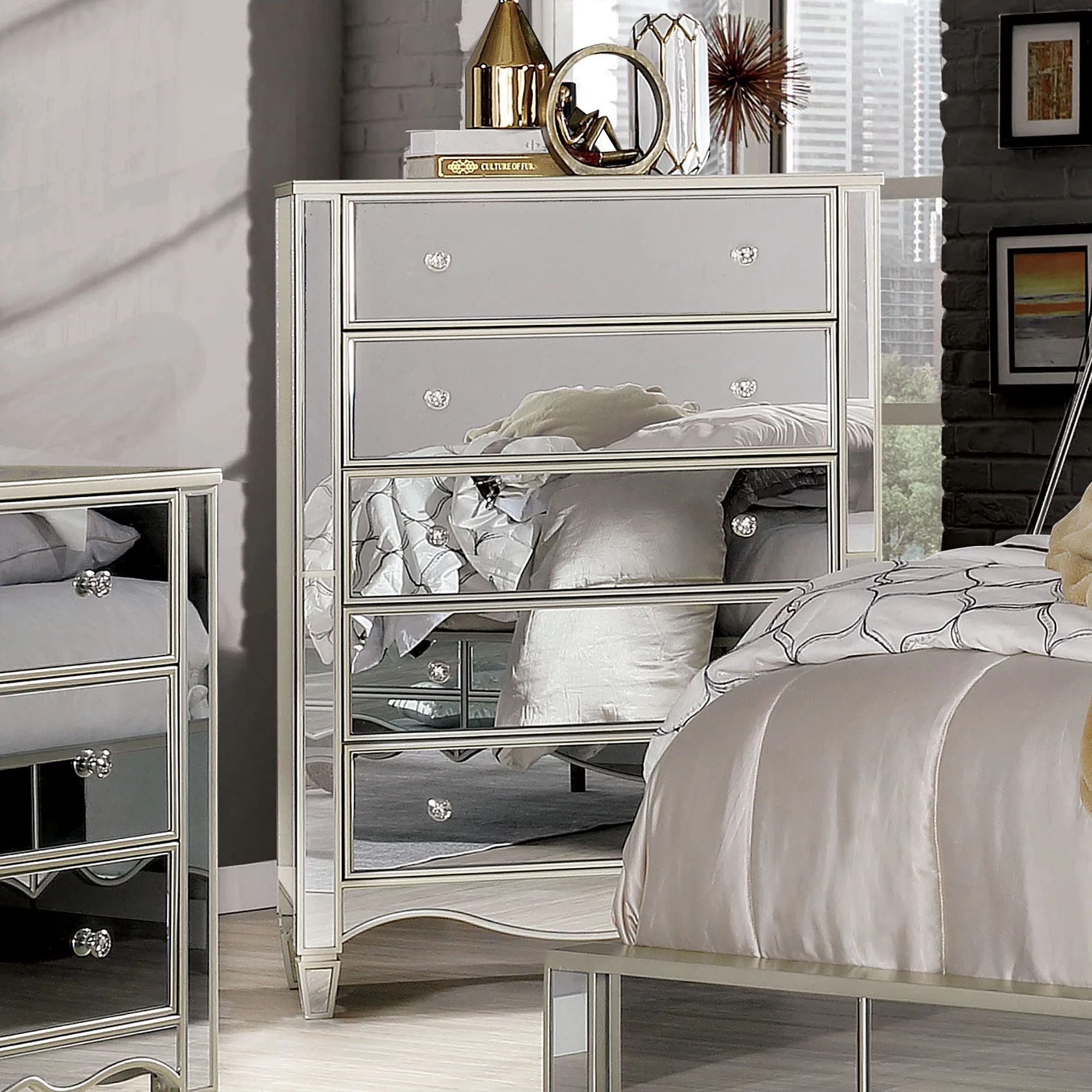 24/7 Shop At Home Mezza Mirrored 5-Drawer Bedroom Chest Dresser in Silver