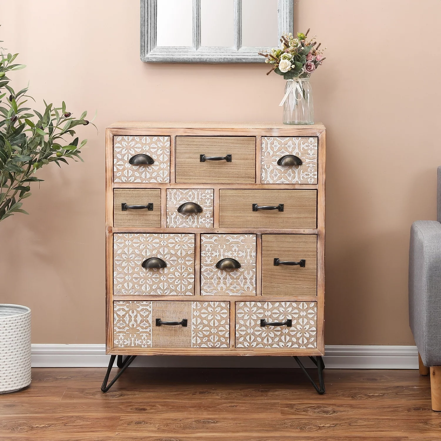 LuxenHome Rustic Brown Wood and Metal 11-Drawer Chest