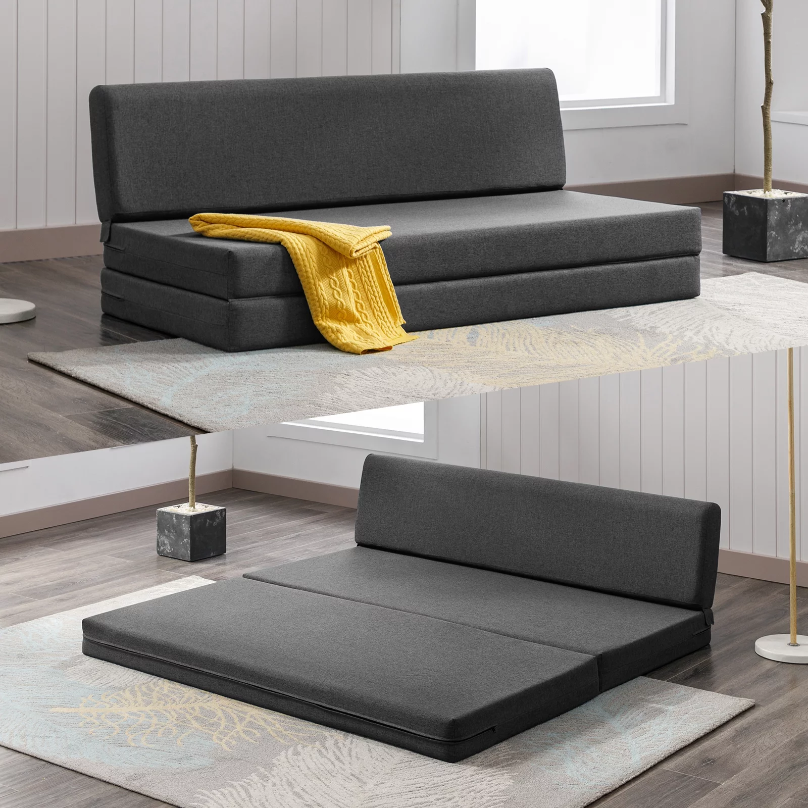 BALUS Convertible Sofa Bed, Living Room Couch Futon Chair, Adjustable Backrest Foldable Floor Sleeper for Small Room, Apartment, Guest Room, Gray