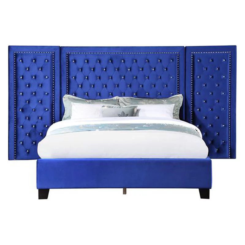 Bowery Hill Contemporary Eastern Velvet King Bed in Blue Finish