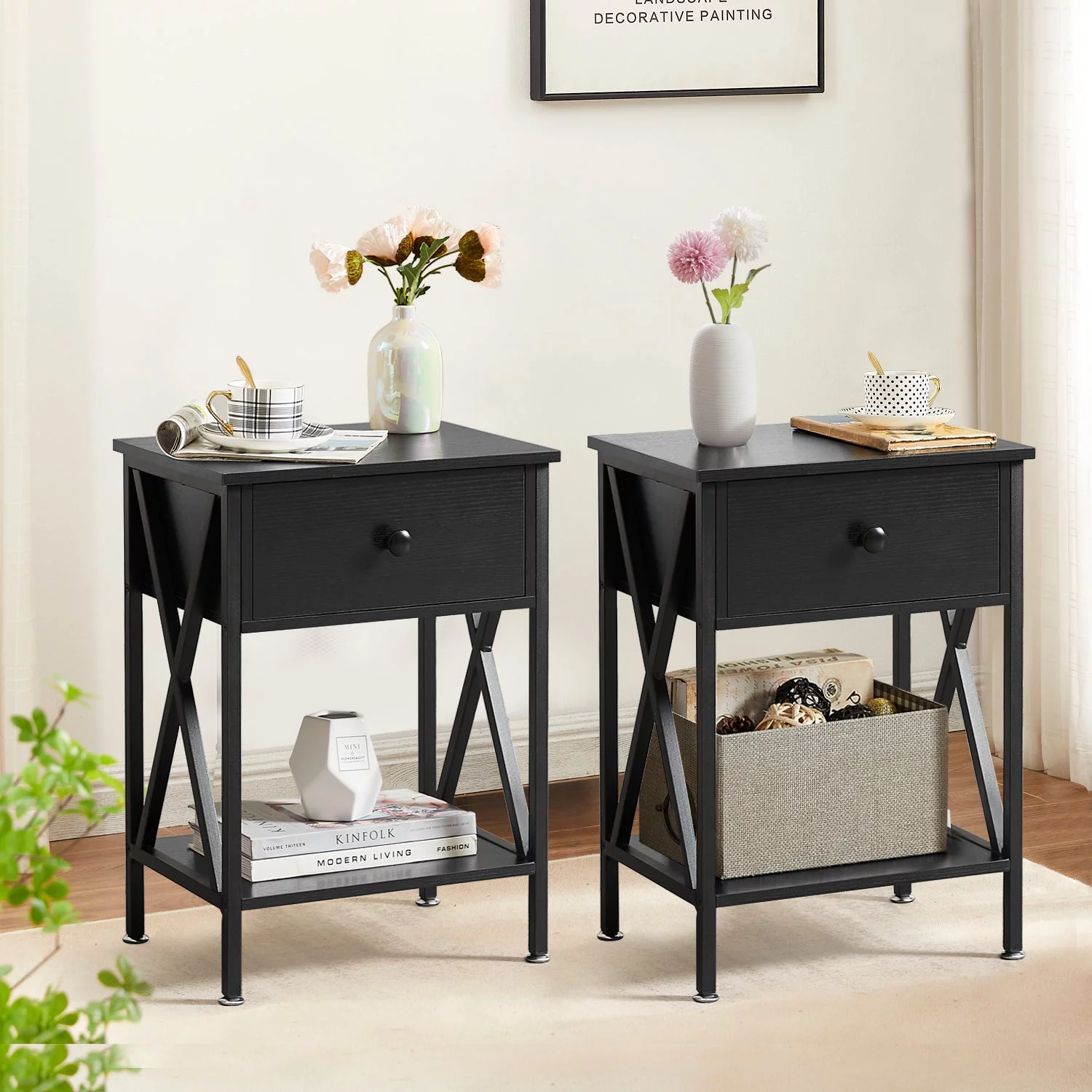 Modern 3-piece Bedroom Set with Full Size Metal Platform Bed Frame and 2 Black Nightstands