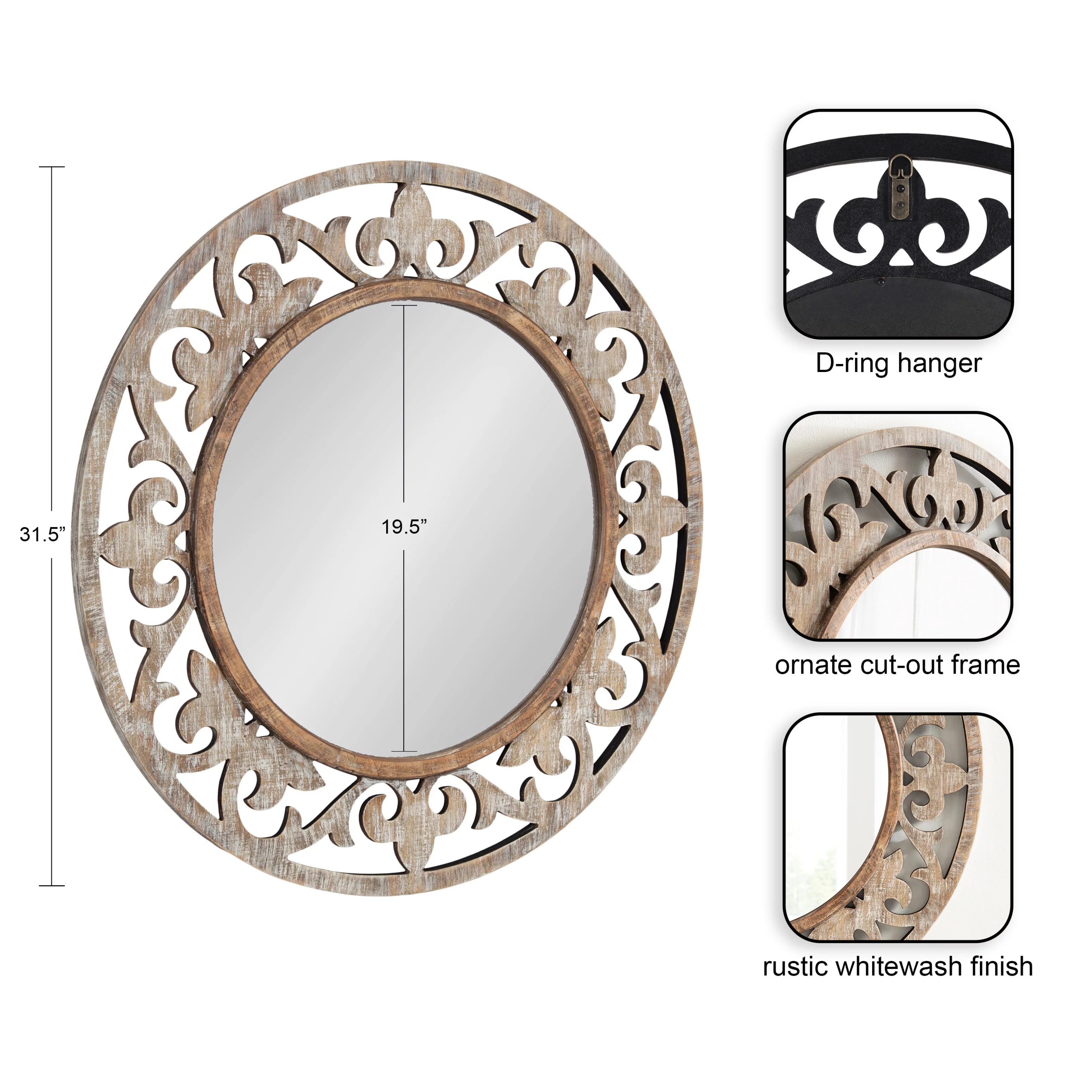 Kate and Laurel Shovali Rustic Round Mirror, 32 Inch Diameter, Rustic Whitewash, Ornate Wood-Carved Frame, Decadent Wall Decor with Vintage Charm