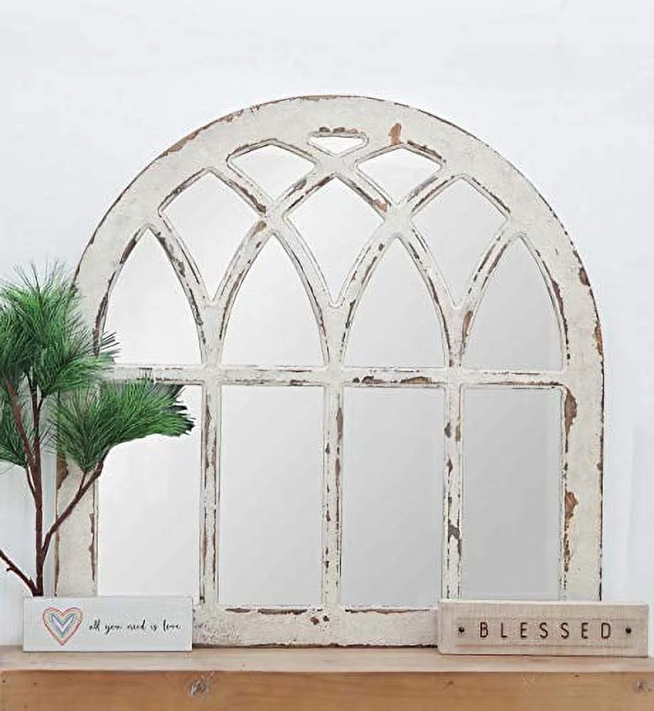 parisloftinc Distressed White Cathedral Wood Wall Mirror