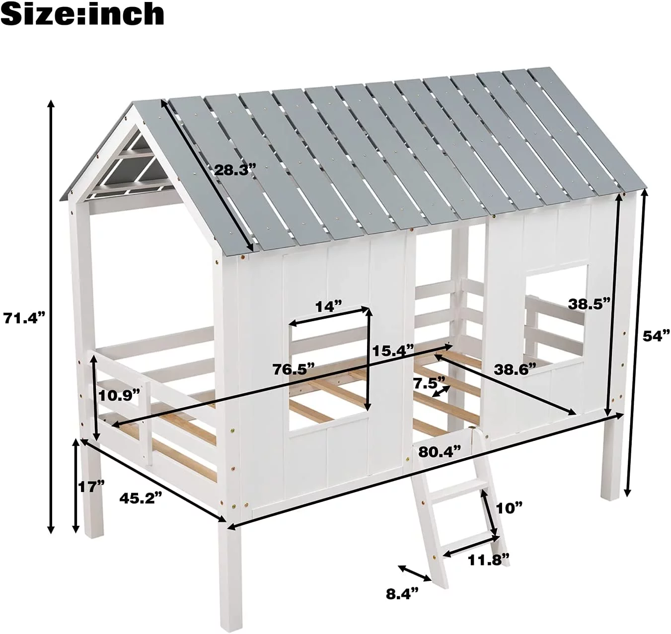 Low Loft Bed With Roof And Two Front Windows, Size House Bed Frame For Kids, No Box Spring Needed
