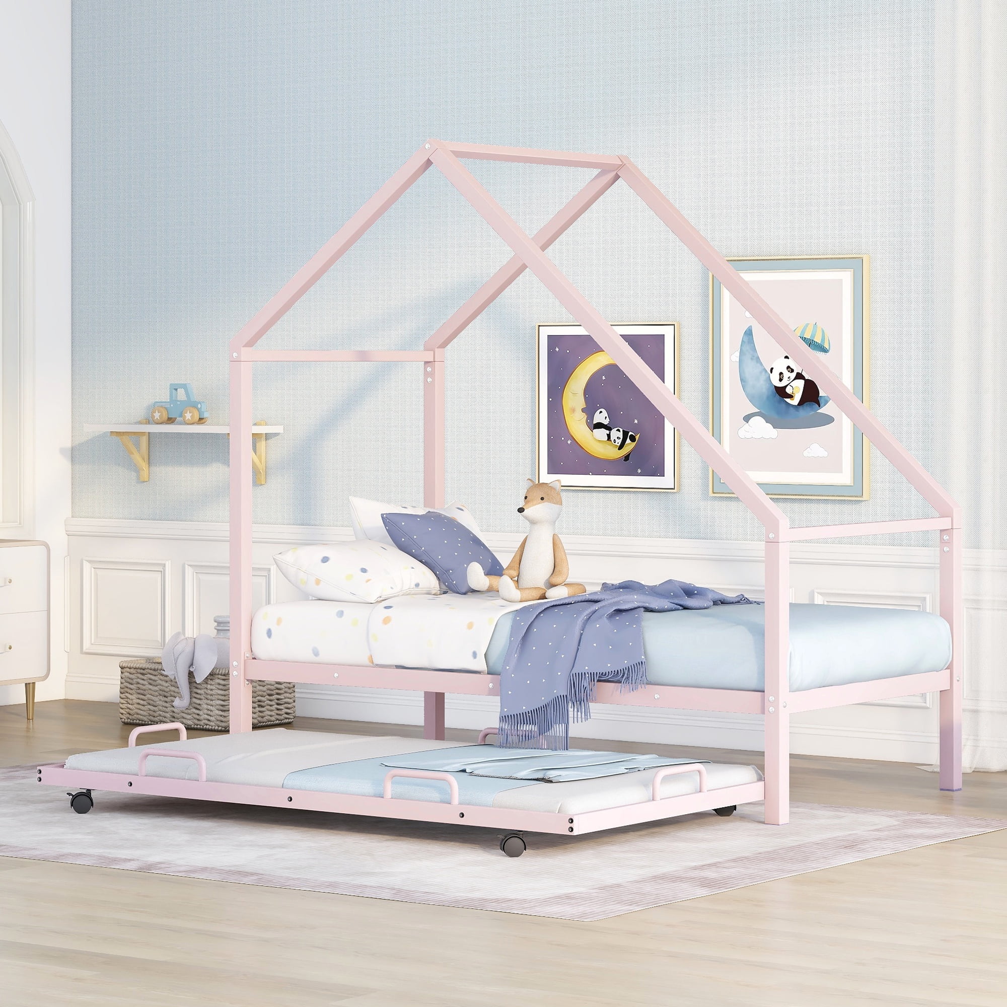 CoSoTower Metal House Bed with Trundle, Twin Size House Bed Pink