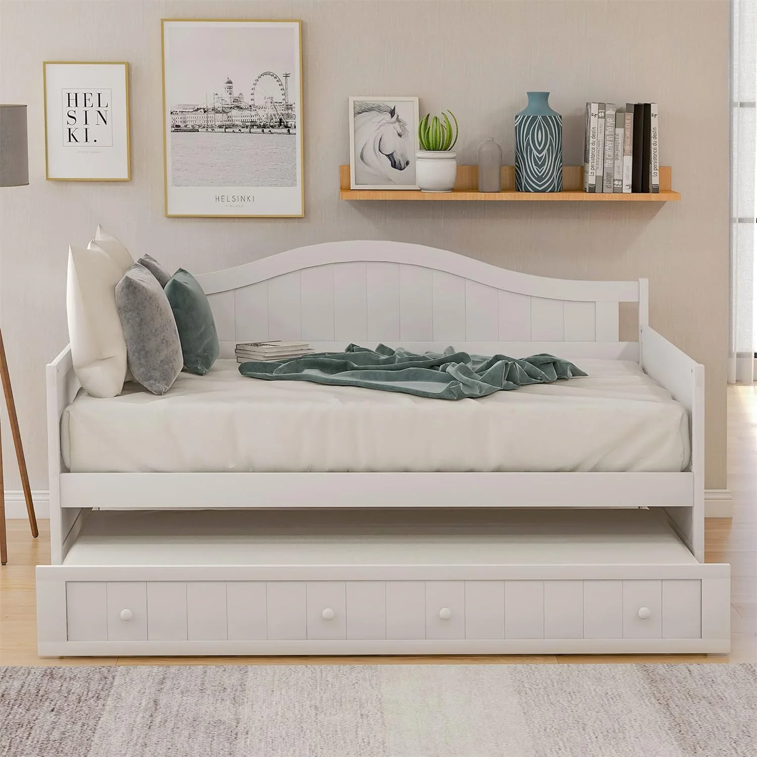 Daybed With Trundle Bed, Wood Bed Sofa Bed Frame For Bedroom, Guest Room, Living Room (, White)