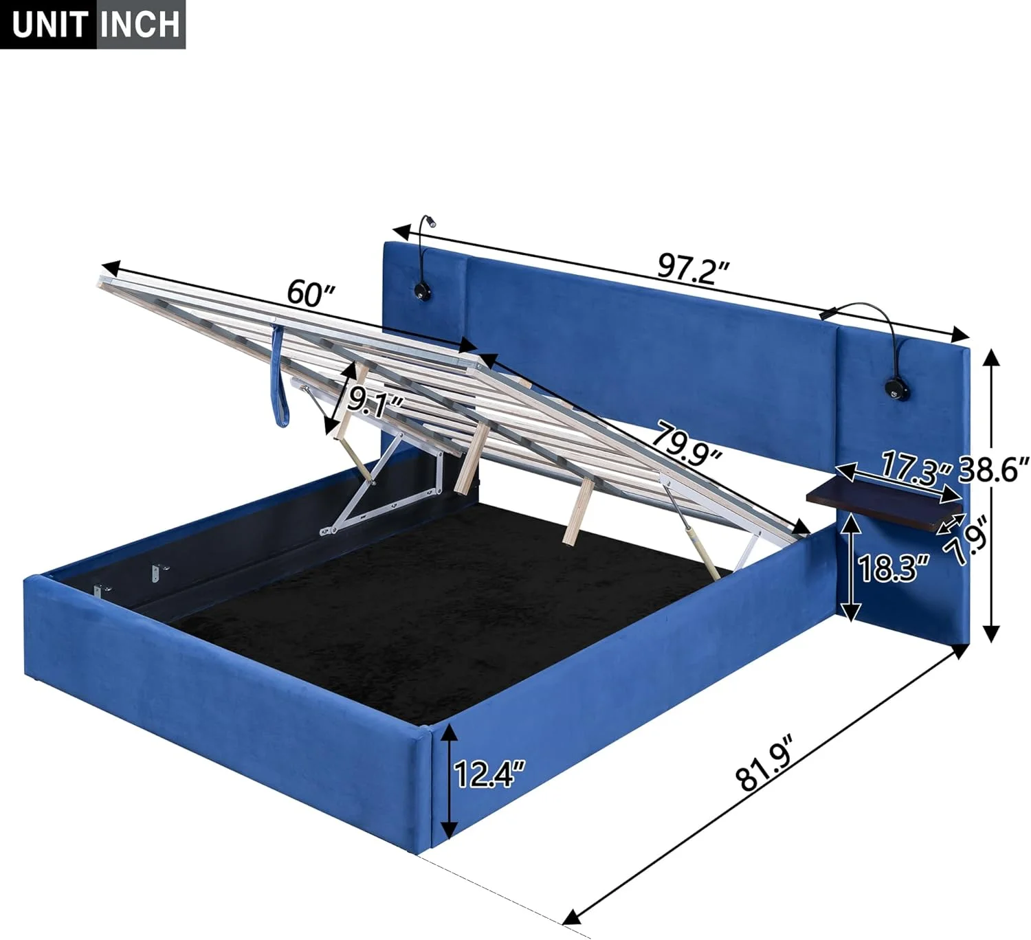 Quee Lift Up Storage Bed With 2 Light Ad USB Ports, Upholstered Platform Bed With Headboard Ad Storage Shelves, Hydraulic Storage System, Slats Support, o Box Sprig eeded, Blue