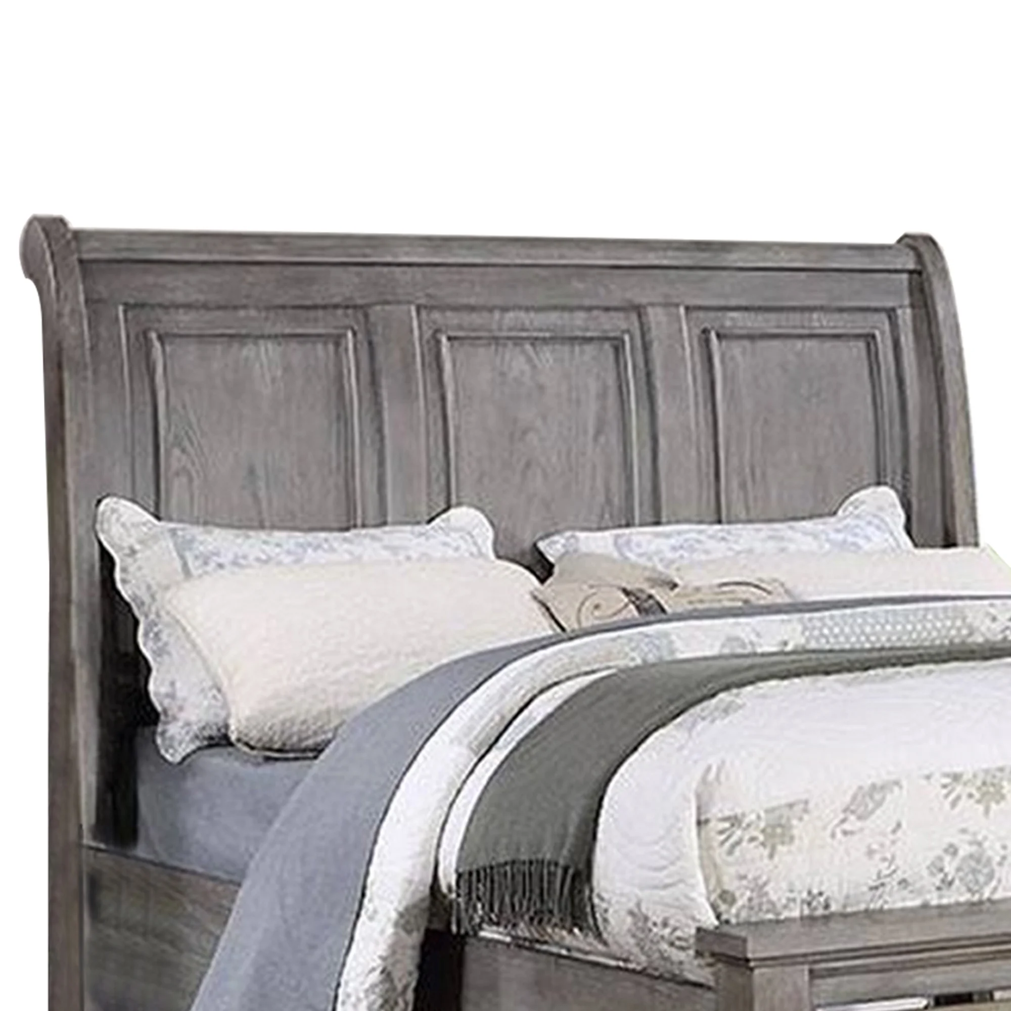 Demi Queen Size Bed Sleigh Headboard 2 Storage Drawers Oak Gray Wood- Saltoro Sherpi