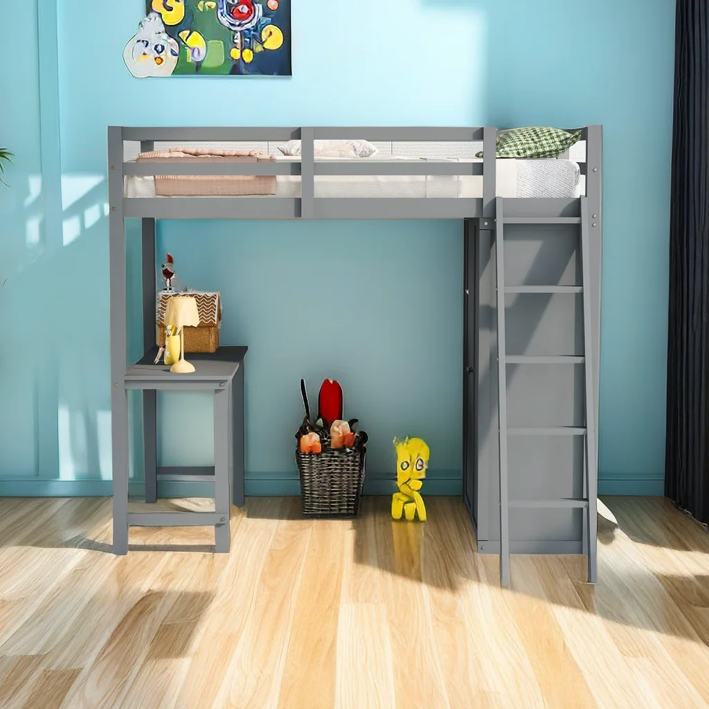 Twin Size Loft Bed with Wardrobe and Desk Twin loft Bed with Desk and Storage loft Bed with Closet Loft Bed with Storage for Girls Boys Teens