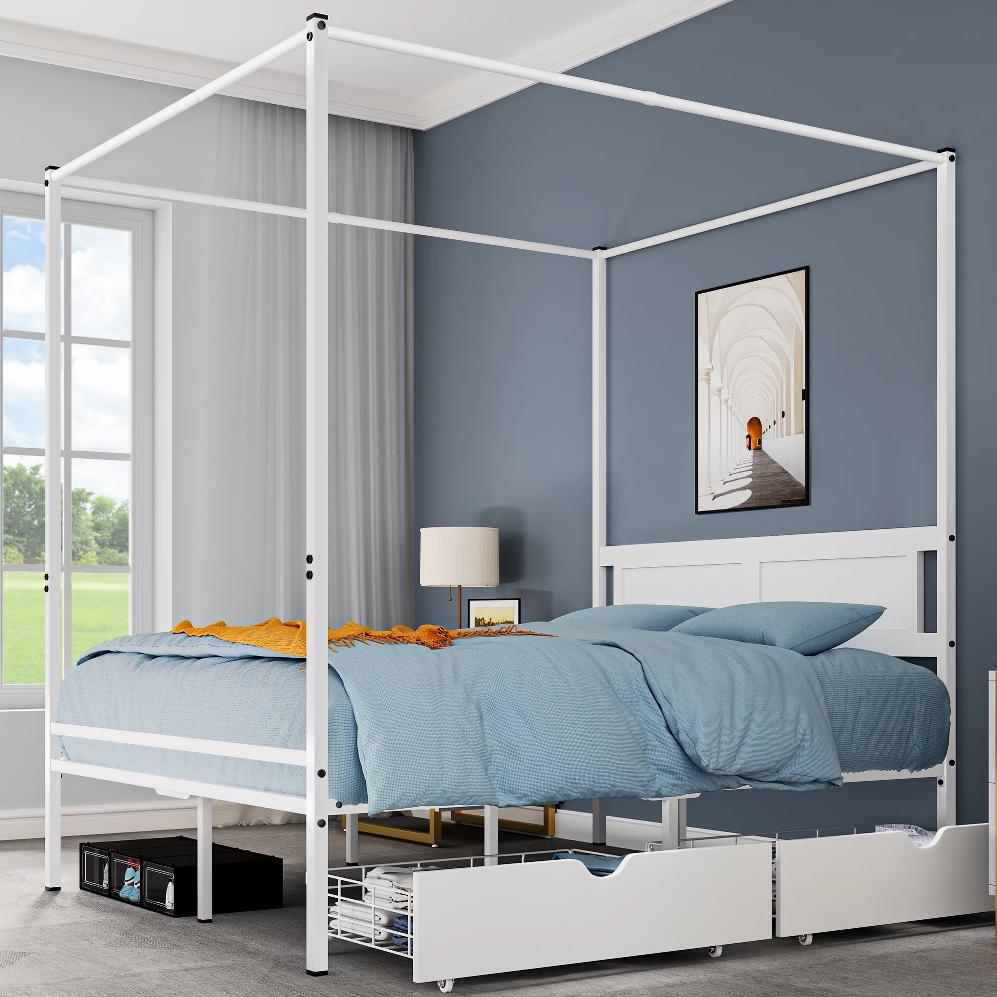 Dextrus Queen Size Canopy Platform Bed with Drawers, White
