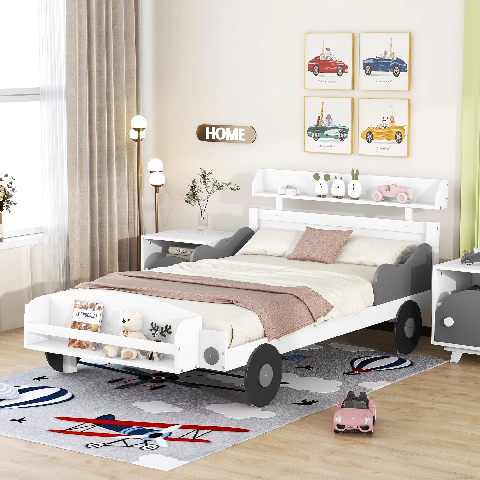 CoSoTower Twin Size Car-Shaped Platform Bed, Twin Bed with Storage Shelf for Bedroom, White