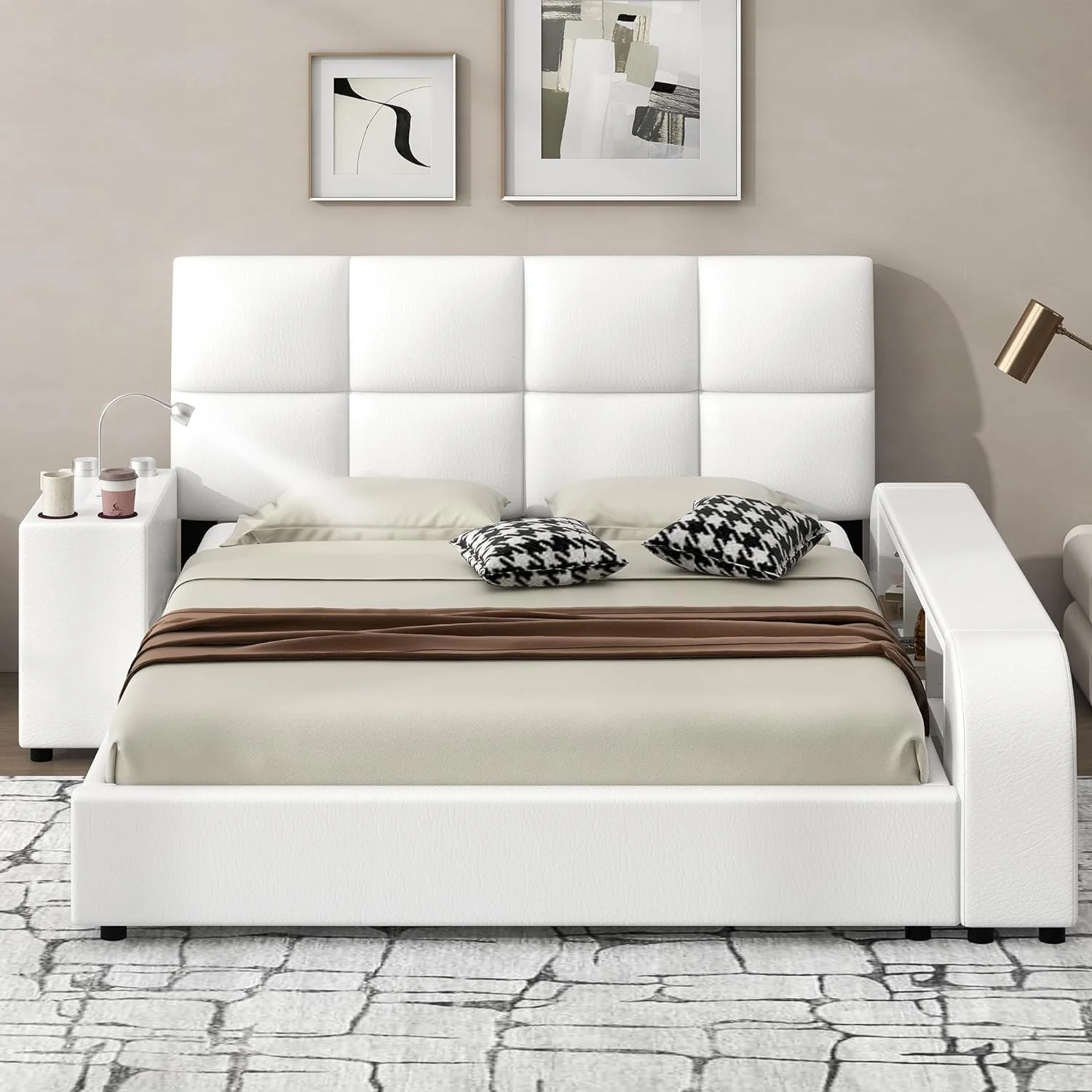 Quee Size Upholsered Bed Wih Sorage Shelves Ad Mulimedia ighsad, Wood Quee Sorage Bed Wih Comforable Pillow Headboard,o Box Sprig eeded,Whie