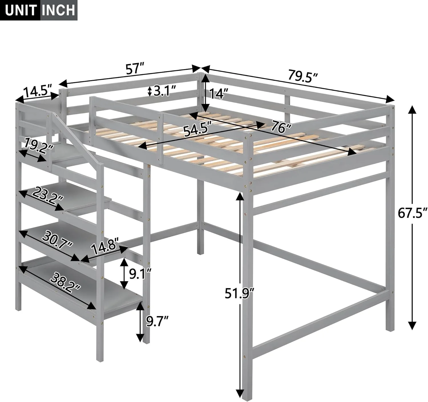 Full Size Loft Bed with Built-in Storage Staircase and Hanger for Clothes