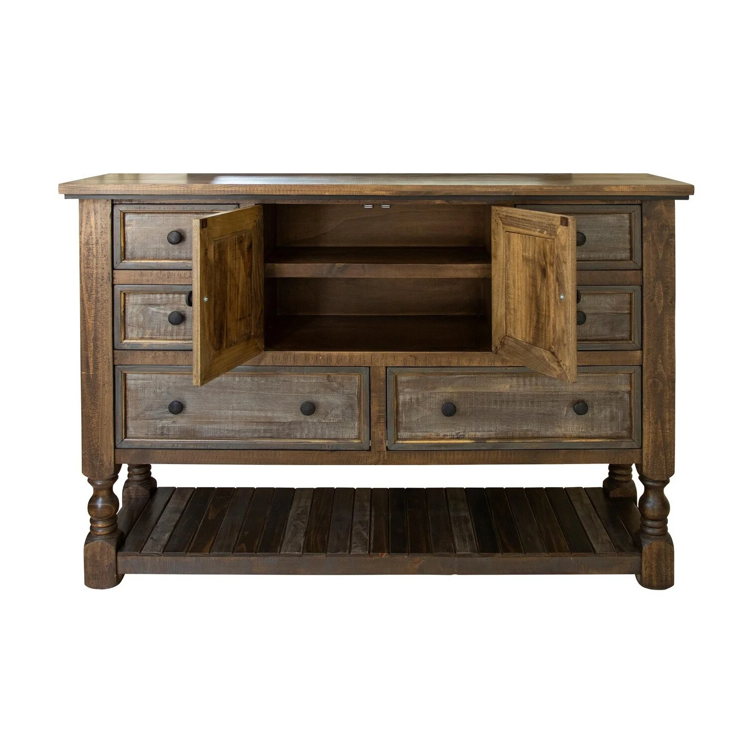 Benjara Sim 63 Inch Dresser, 4 Drawers, 1 Cabinet, Distressed Pine Wood, Brown