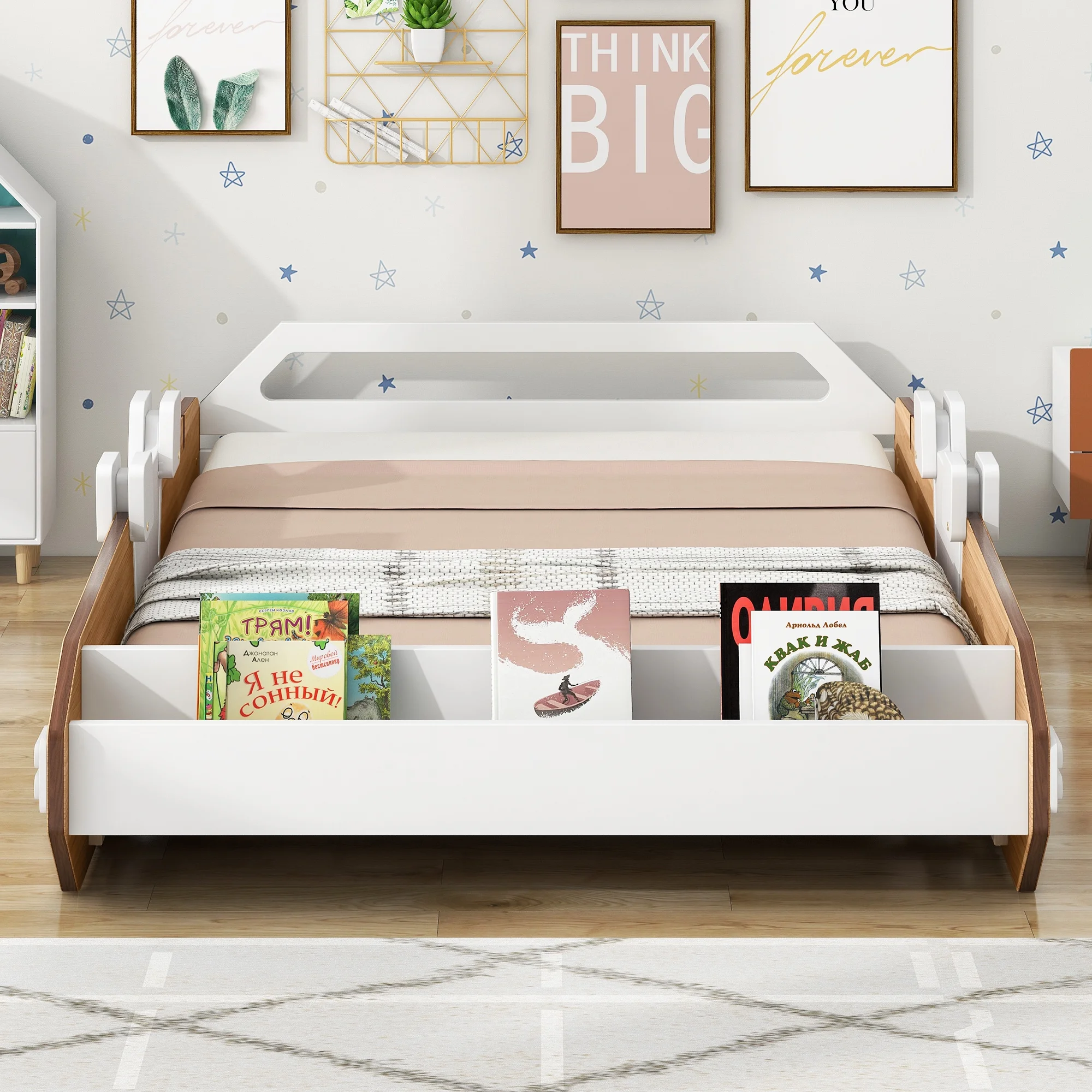 Wood Twin Size Racing Car Bed with Door Design and Storage, Natural+White+Black