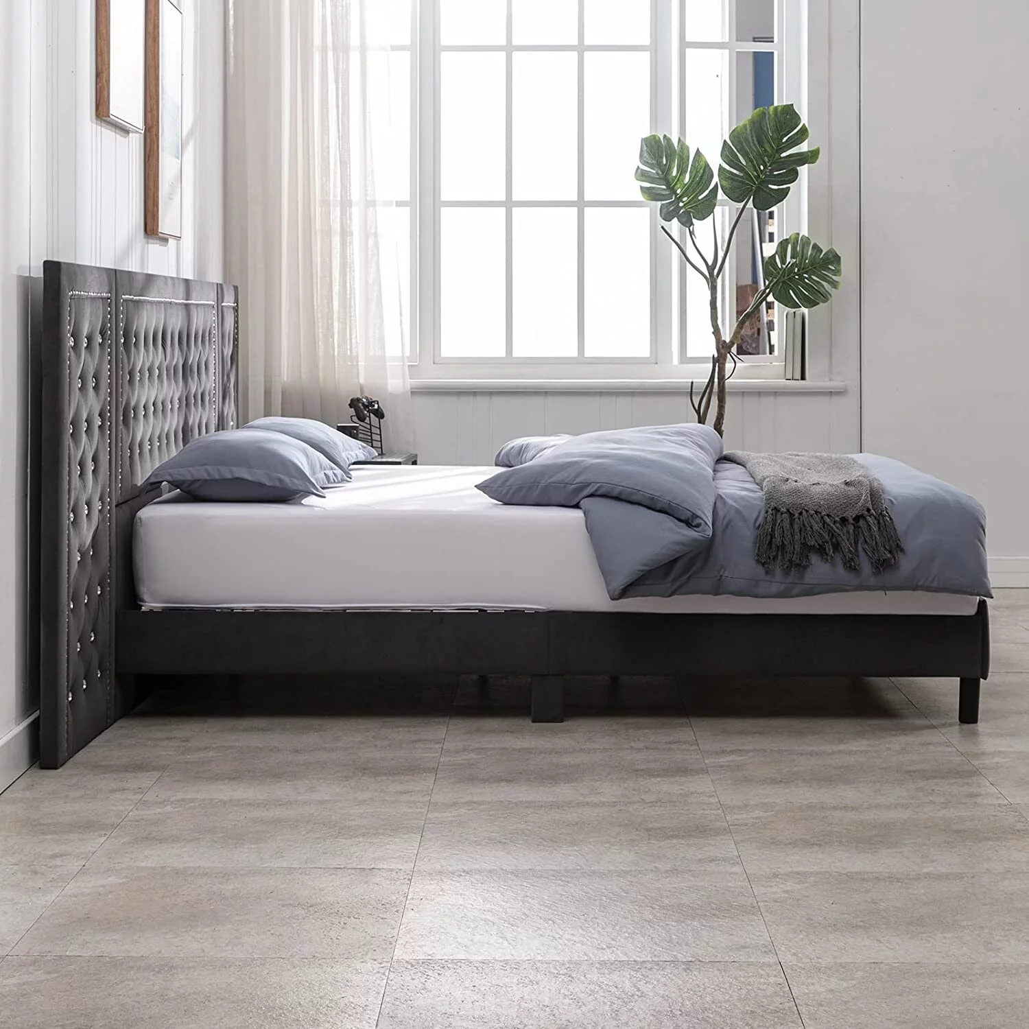 Mixoy Bed Frame with Oversized Headboard | Velvet Tufted Adjustable Height Furniture | High Upholstered Platform Bed Frame Dark Grey - Queen