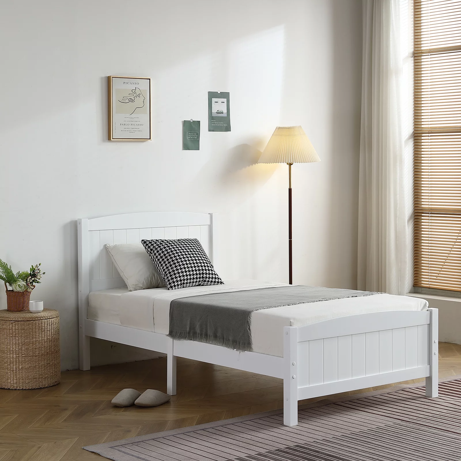 RUXAN Twin Pine Single-Layer Core Vertical Stripe Full-Board Curved Bed Head With The Same Bed Foot White Wooden Bed(Alternate code: 58465471)