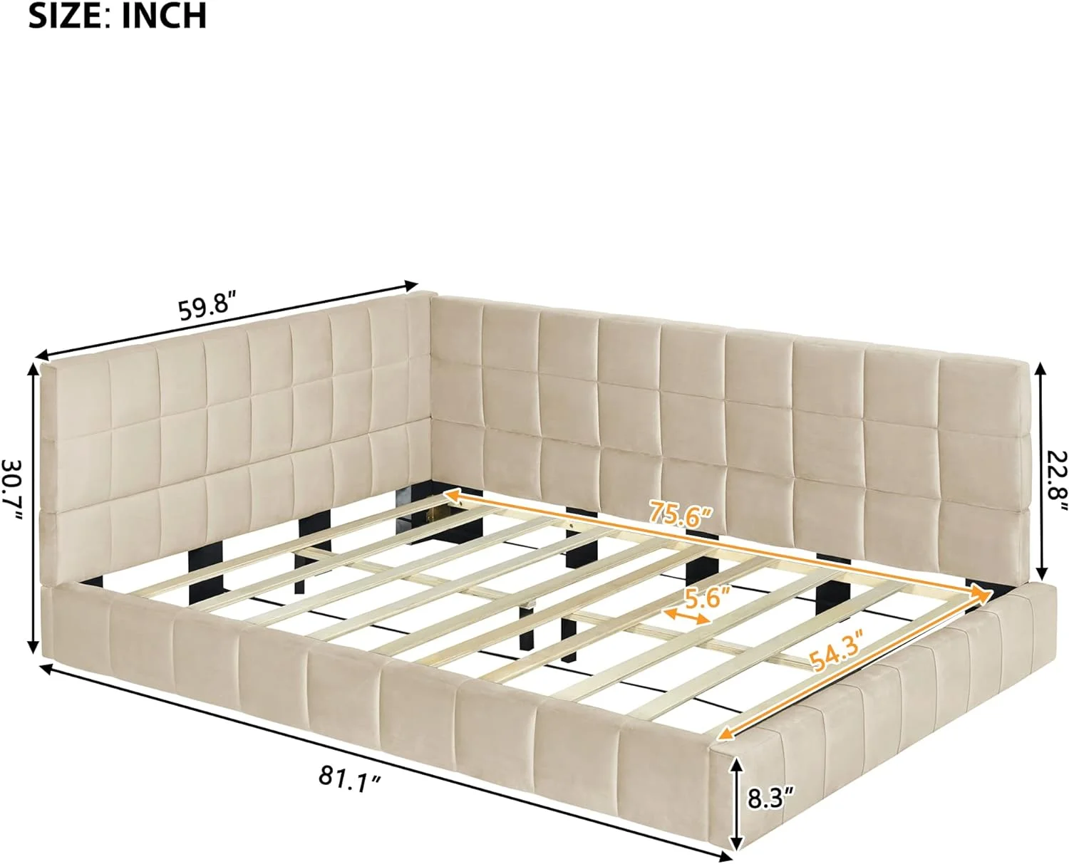 Full Size Upholsered Daybed, Wood L-Shape Daybed Frame, Velve ufed Sofa Bed Wih Wood Slas For Living Room, Bedroom, Gues Room, Beige