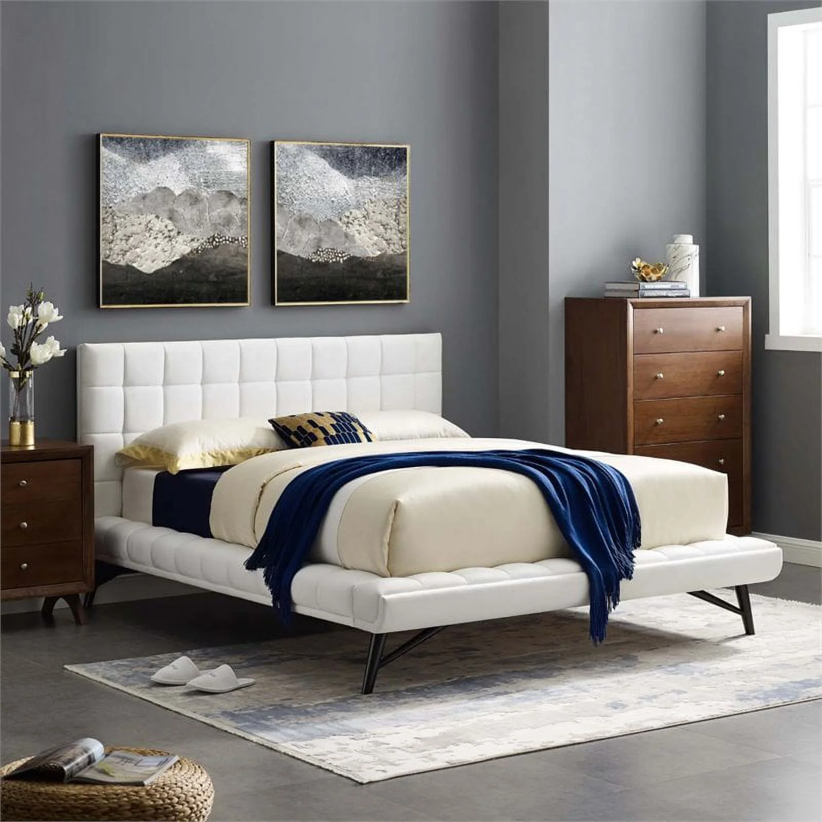 Pemberly Row Biscuit Tufted Velvet Queen Platform Bed in White