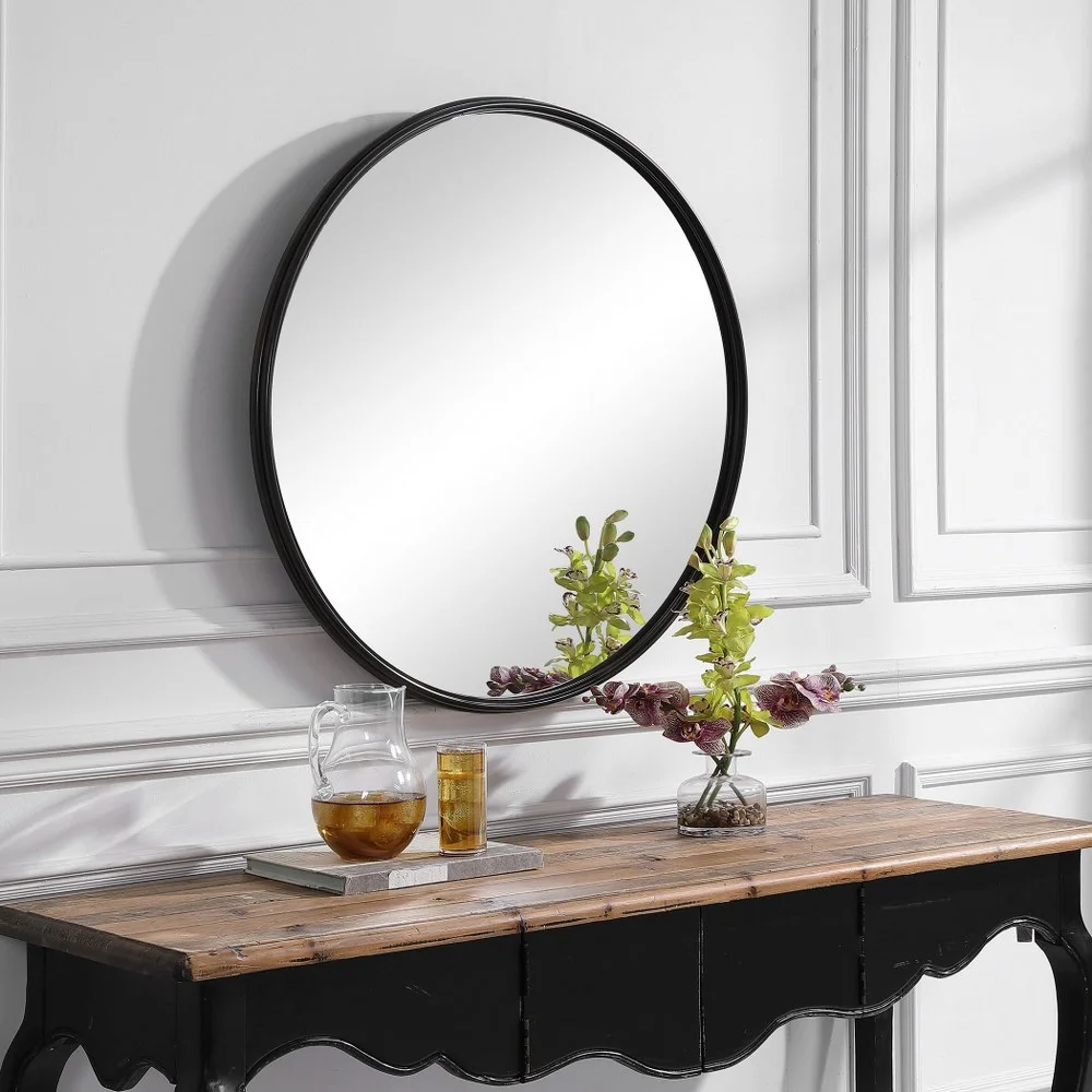 Modern Round Wall Mirror in Aged Black Finish with Iron Frame and Raised Rounded Edge 34.88 inches W X 34.88 inches W Bailey Street Home