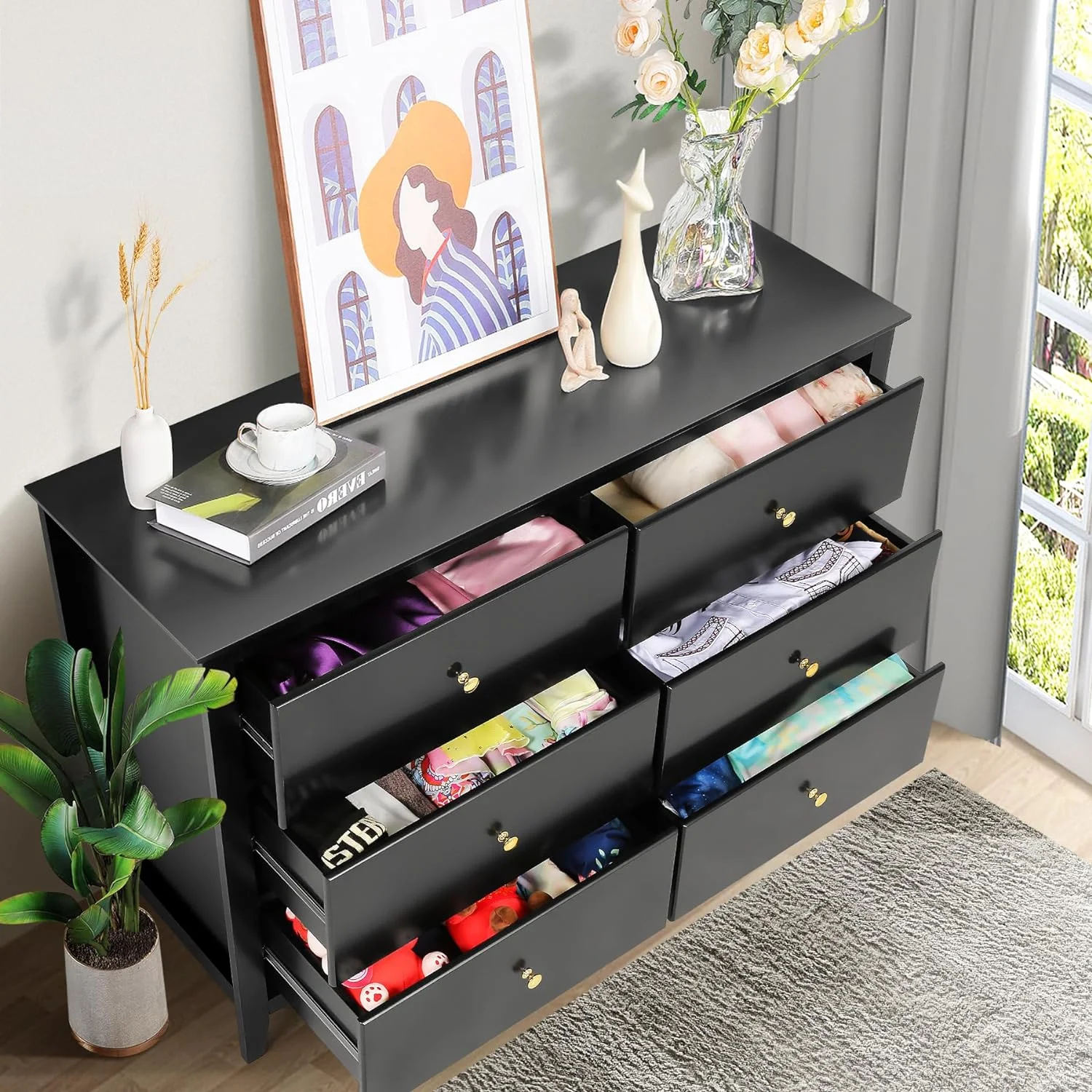 SEJOV Black Double Dresser with 6 Drawer, Modern Chest of Drawers Dreeser for Bedroom, Kids, Wood Storage Organizer Cabinet for Clothing