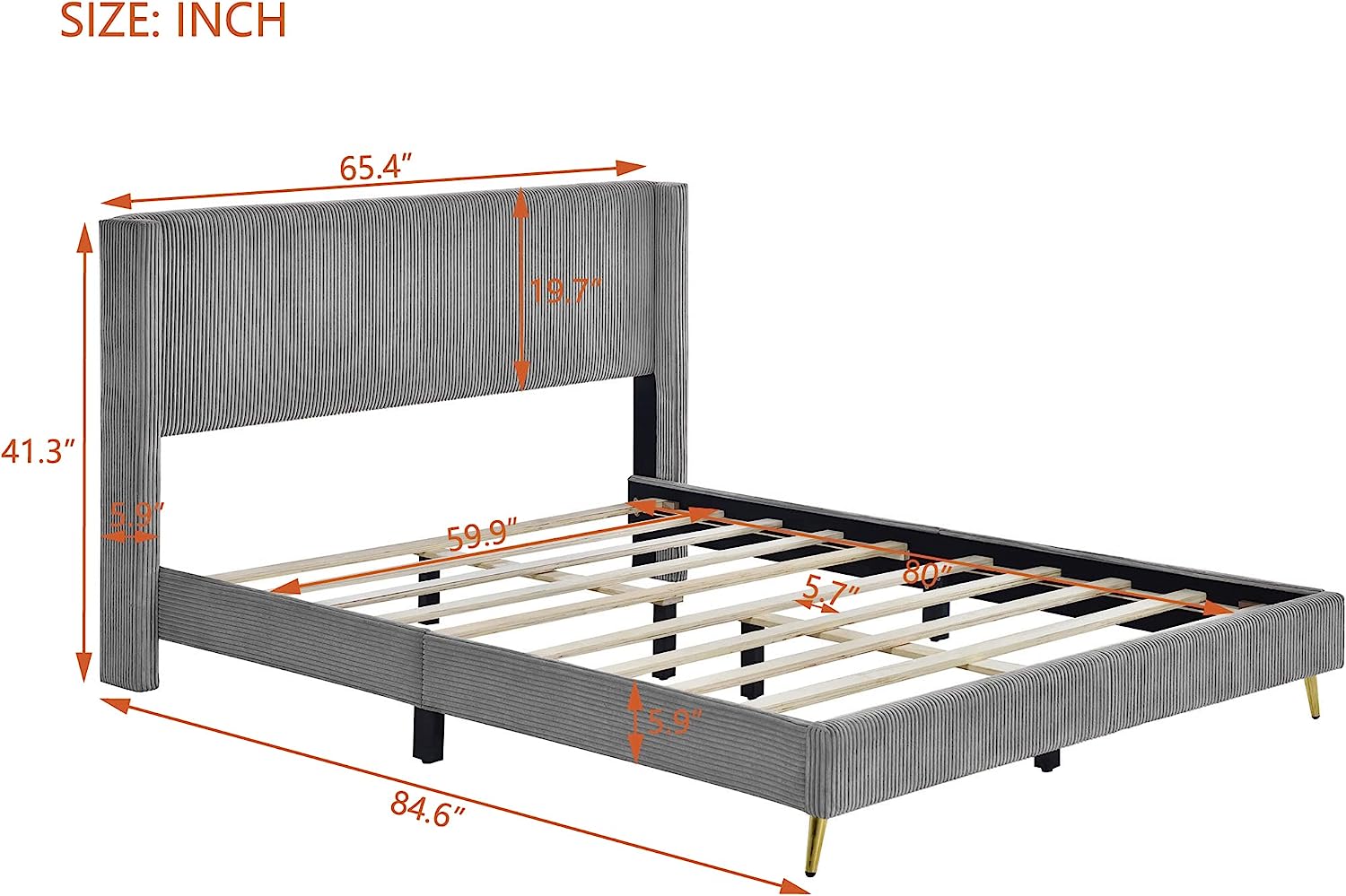 Queen Size Platform Bed Frame with Corduroy Upholstered Headboard and Metal Legs, Mattress Foundation with Wooden Slats Support, No Box Spring Needed, Easy Assembly