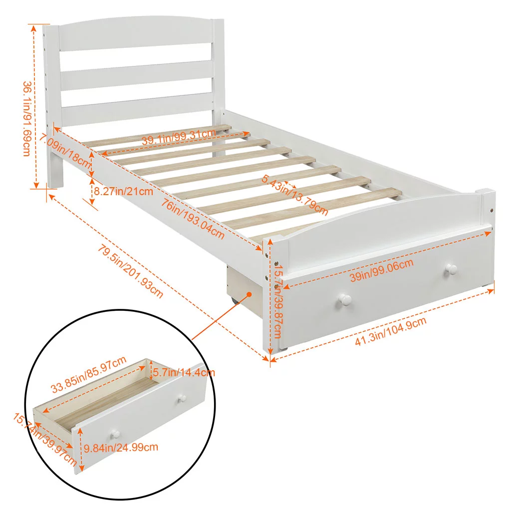 Wood Slats Support Twin Bed Frame with Storage Drawer Wooden Slatted Bedstead Household Furniture