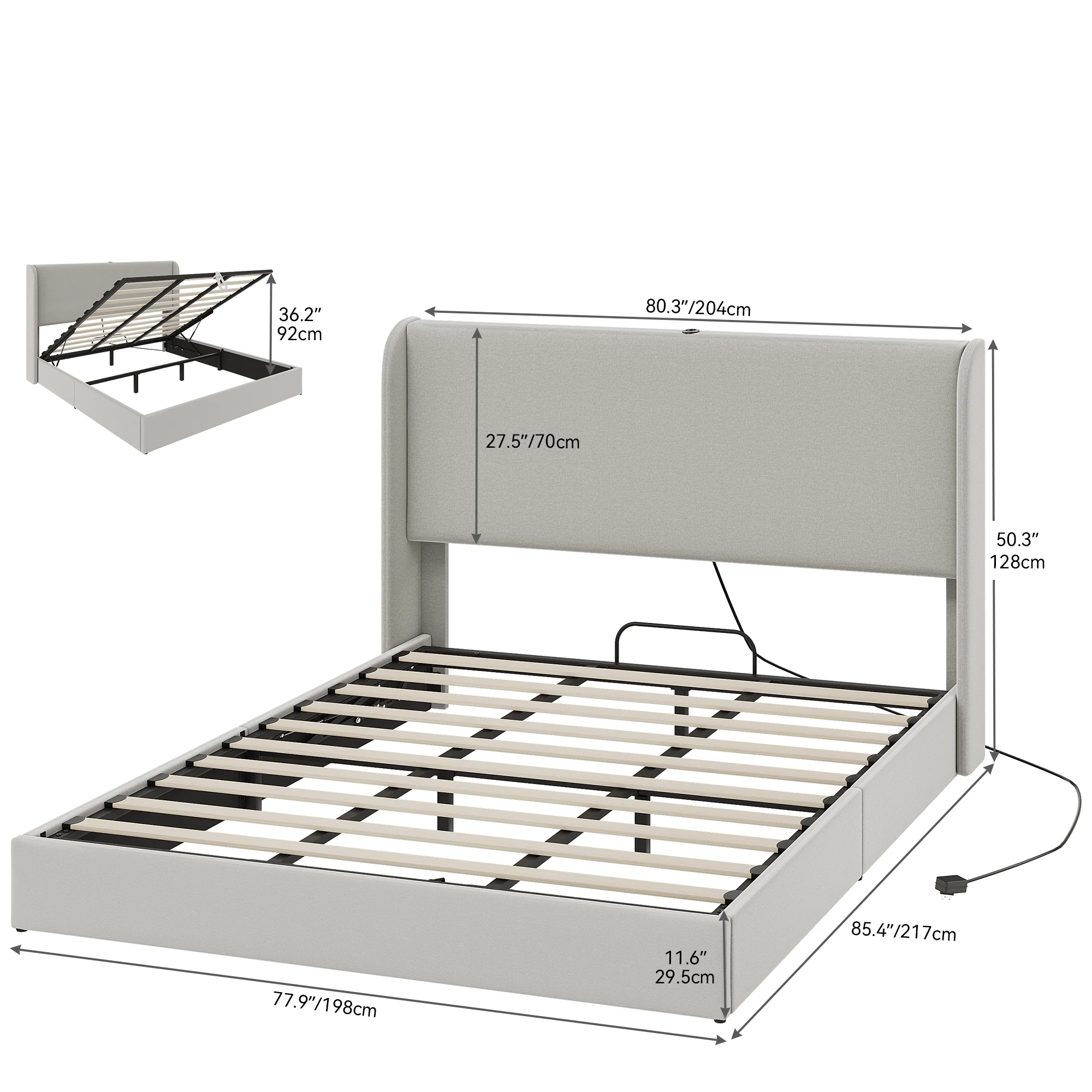 Dextrus King Size Lift-Up Storage Bed with Charging Station and 50.4