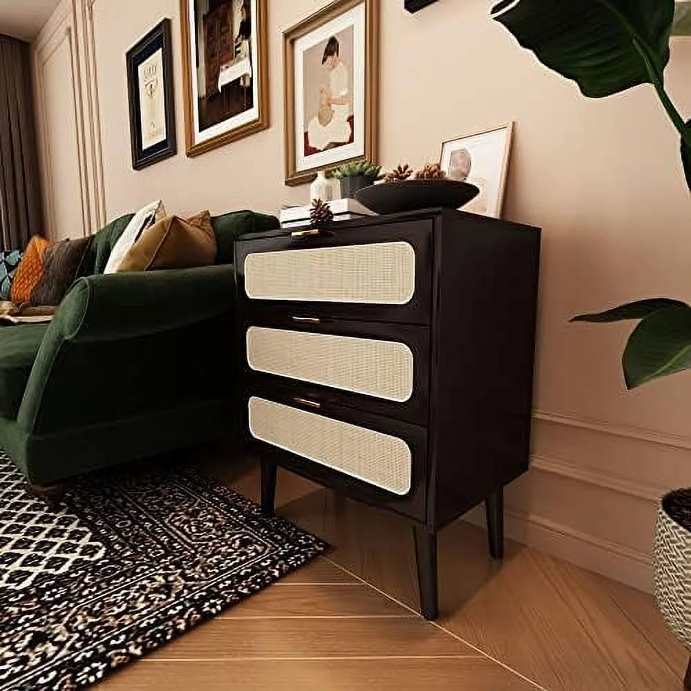 TJUNBOLIFE 2 Sets of Rattan Nightstand Dresser Chest of 3 Drawers  Wood  Dresser Cabinet Organizer Unit for Bedroom Living Room Closet Office(Black)