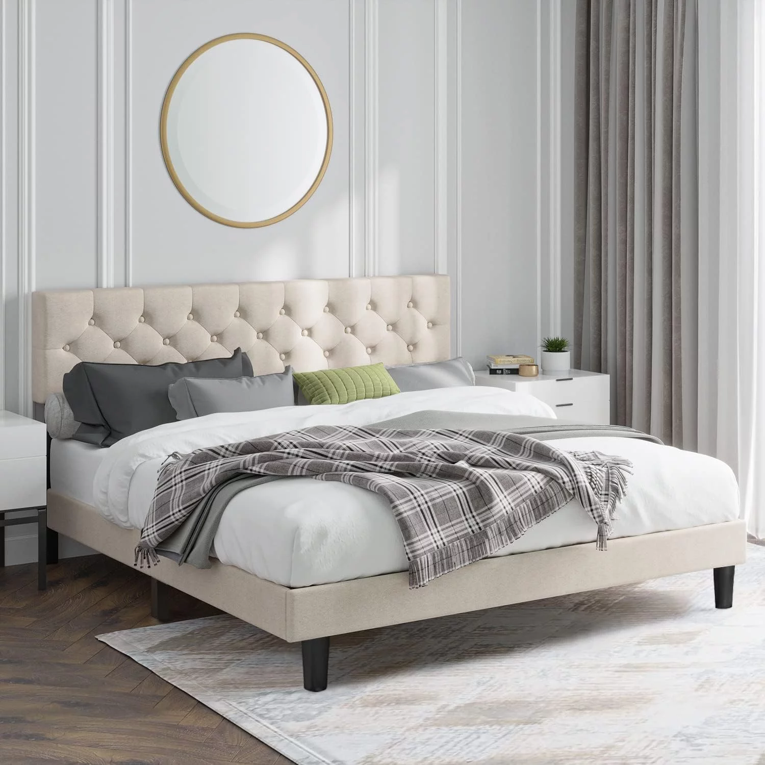 King Size Upholstered Platform Bed Frame with Headboard, Linen Fabric Button Tufted Headboard, Beige