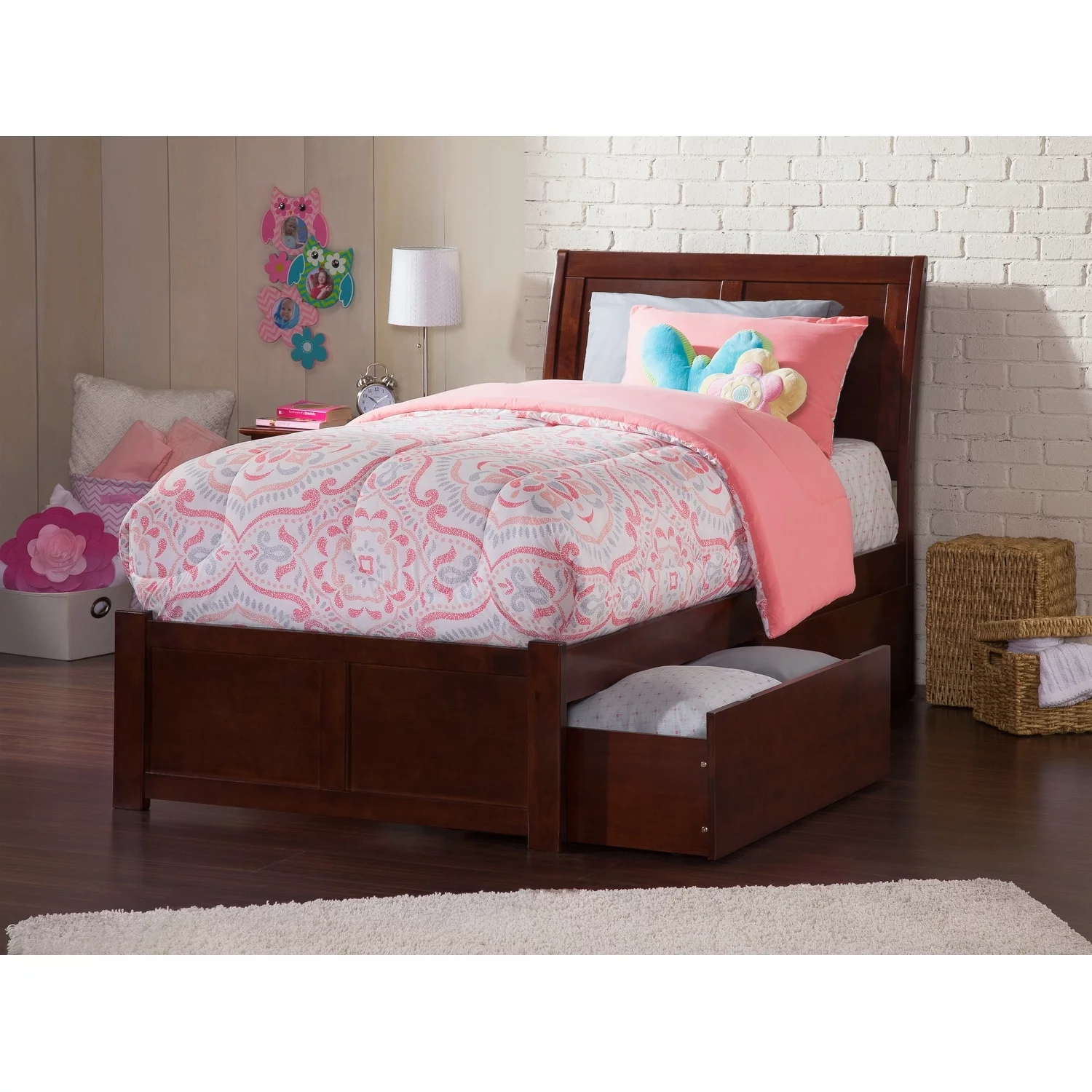 AFI Portland Twin Platform Bed with Footboard and 2 Drawers in Walnut