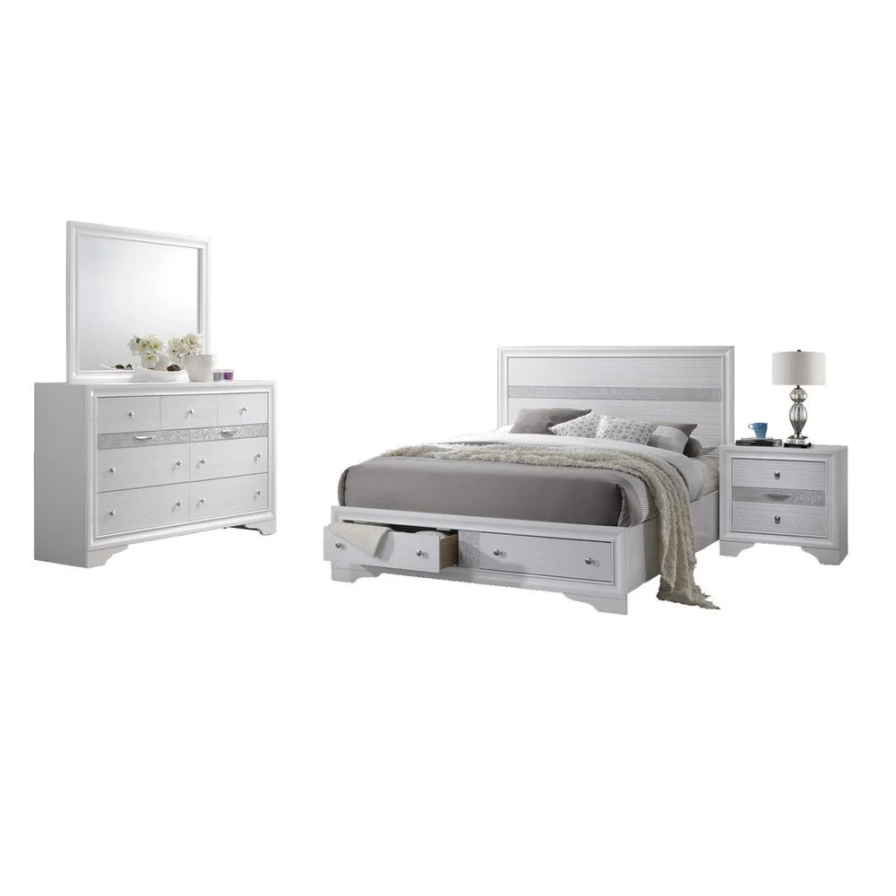 Chic White 4 Piece Bedroom Set with Queen Size Platform Bed