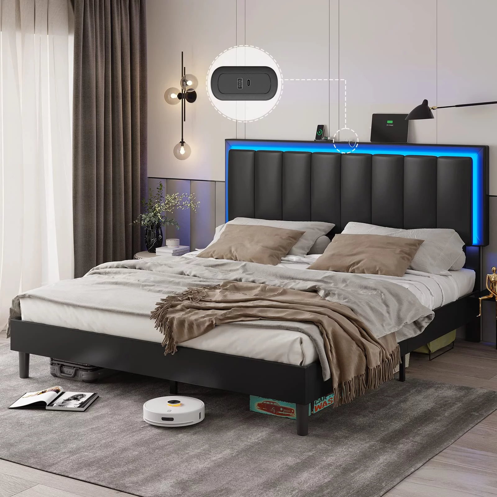 DICTAC Queen Bed Frame with LED Lights Headboard, Faux Leather Low Profile Platform Bed Frame, No Box Spring Needed, Black