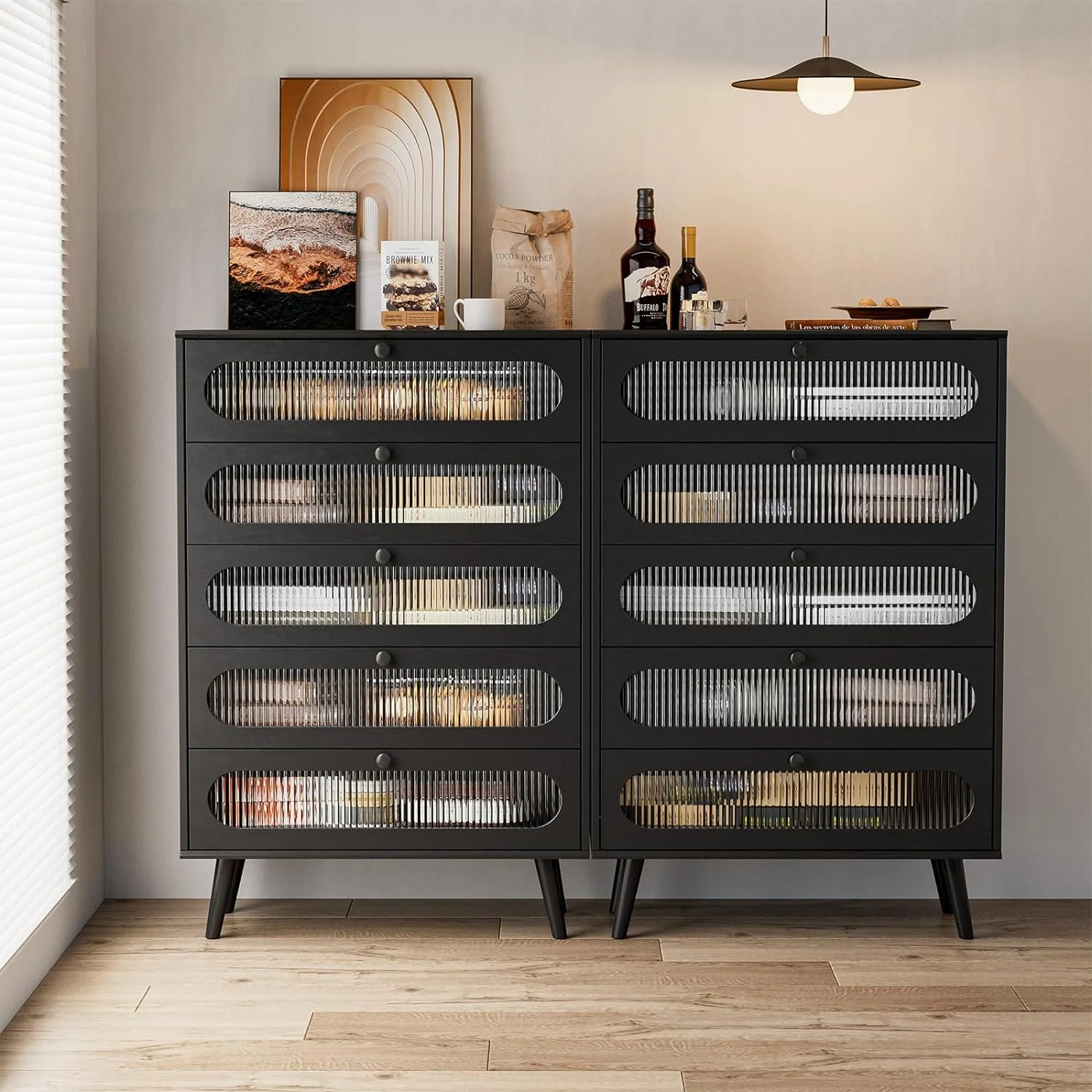 IKIFLY Glass 5 Drawers Dresser Set of 2, Modern Closet Dressers Chest of Drawers, Storage Cabinet Dresser for Bedroom Living Room Hallway-Black