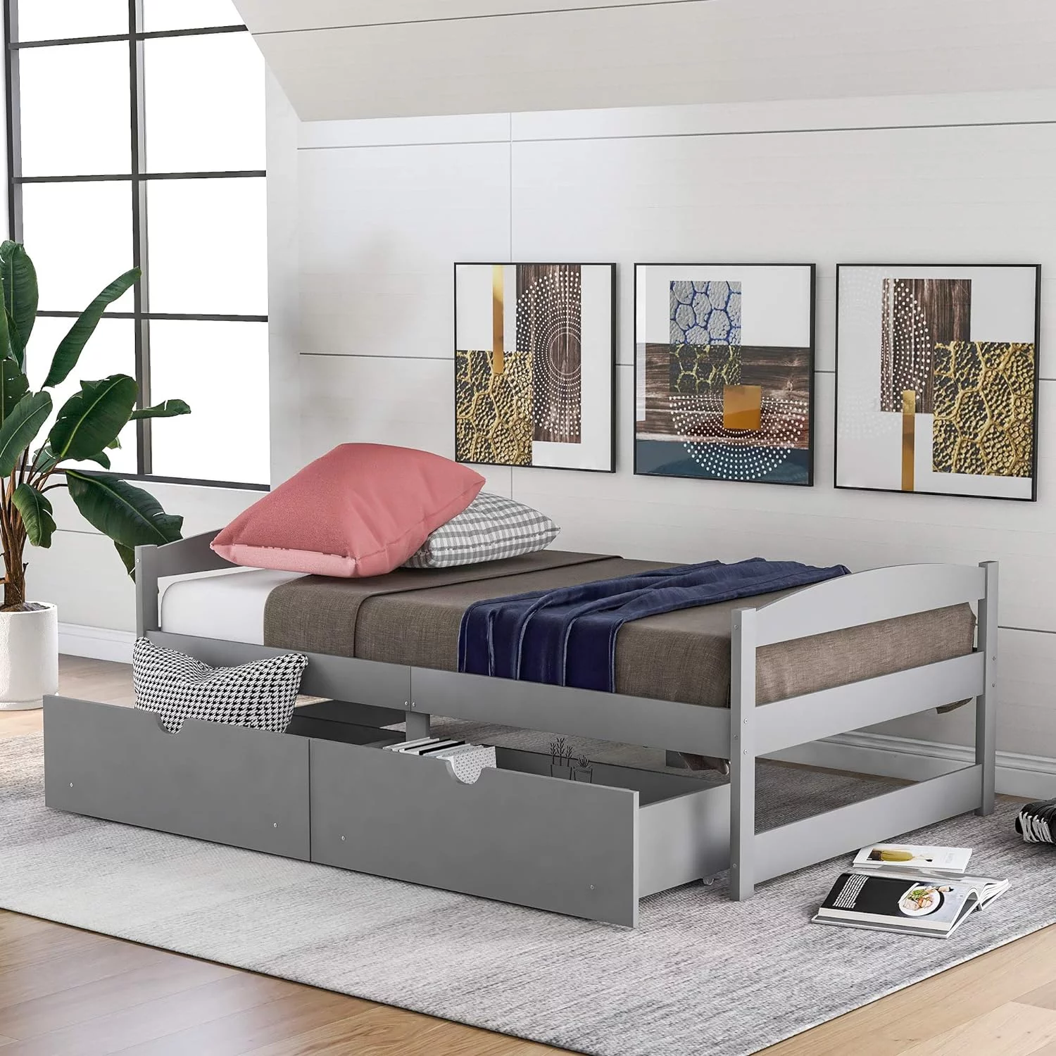 Size Daybed, Platform Bed With Drawers, Wood Bed Frame, Daybed Captains Bed For Bedroom, Gray