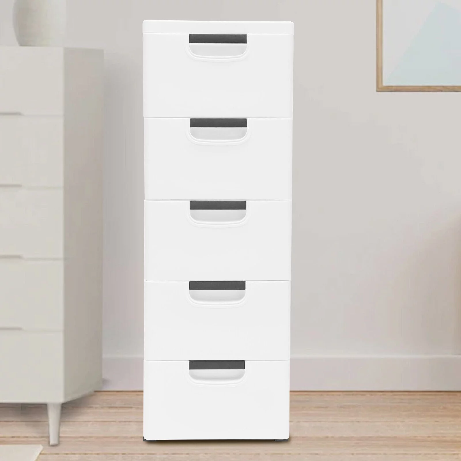 CNCEST 5-Tier Drawers Dresser Storage Cabinet w/Wheels for Storing Clothes,Toys,Books Easy Movement( White)