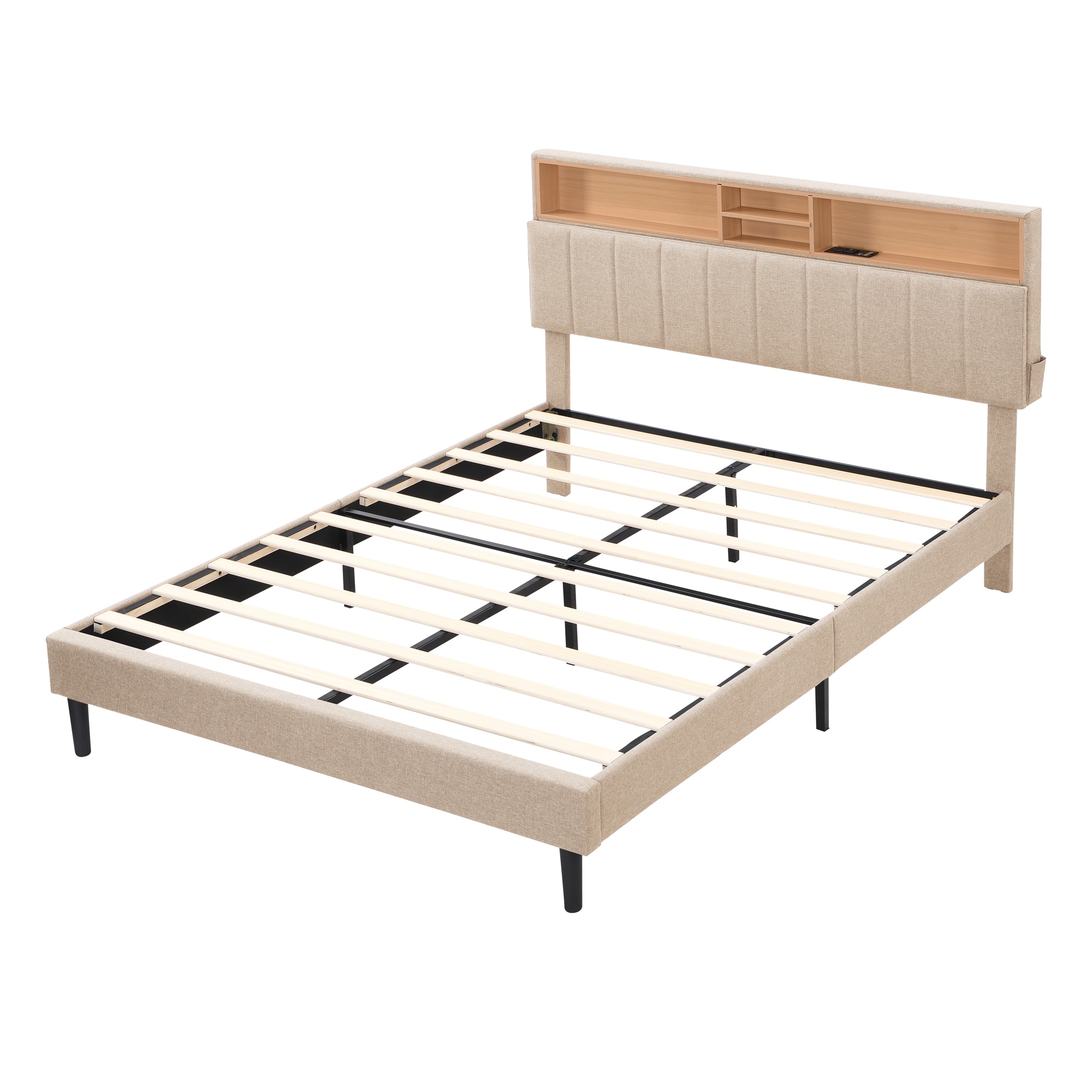 Linen Fabric Upholstered with Bookcase Headboard and USB Port, Wood Platform Bed Frame, No Box Spring Needed Beige - Queen