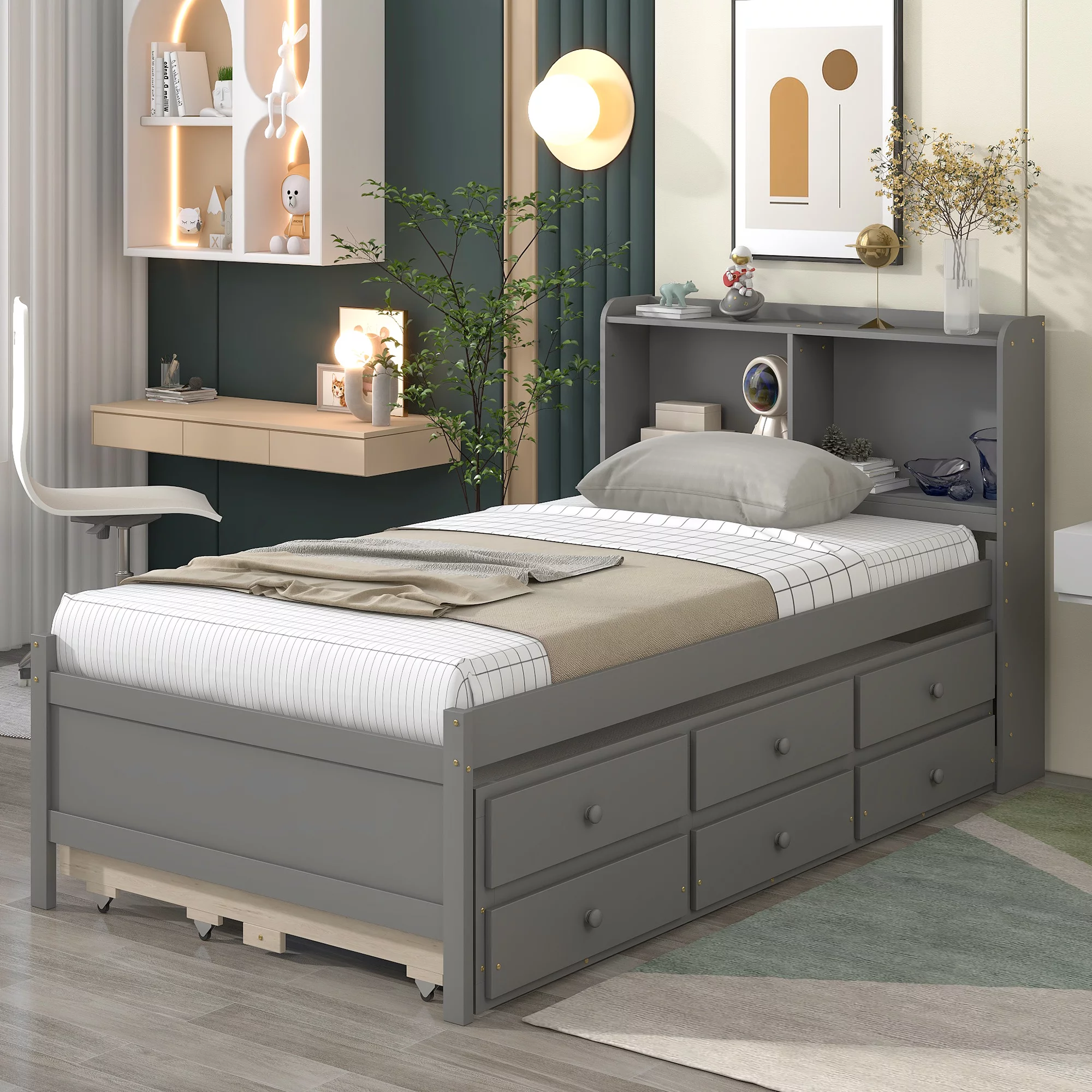 Docooler Twin Bed with Twin Trundle,Drawers,Grey