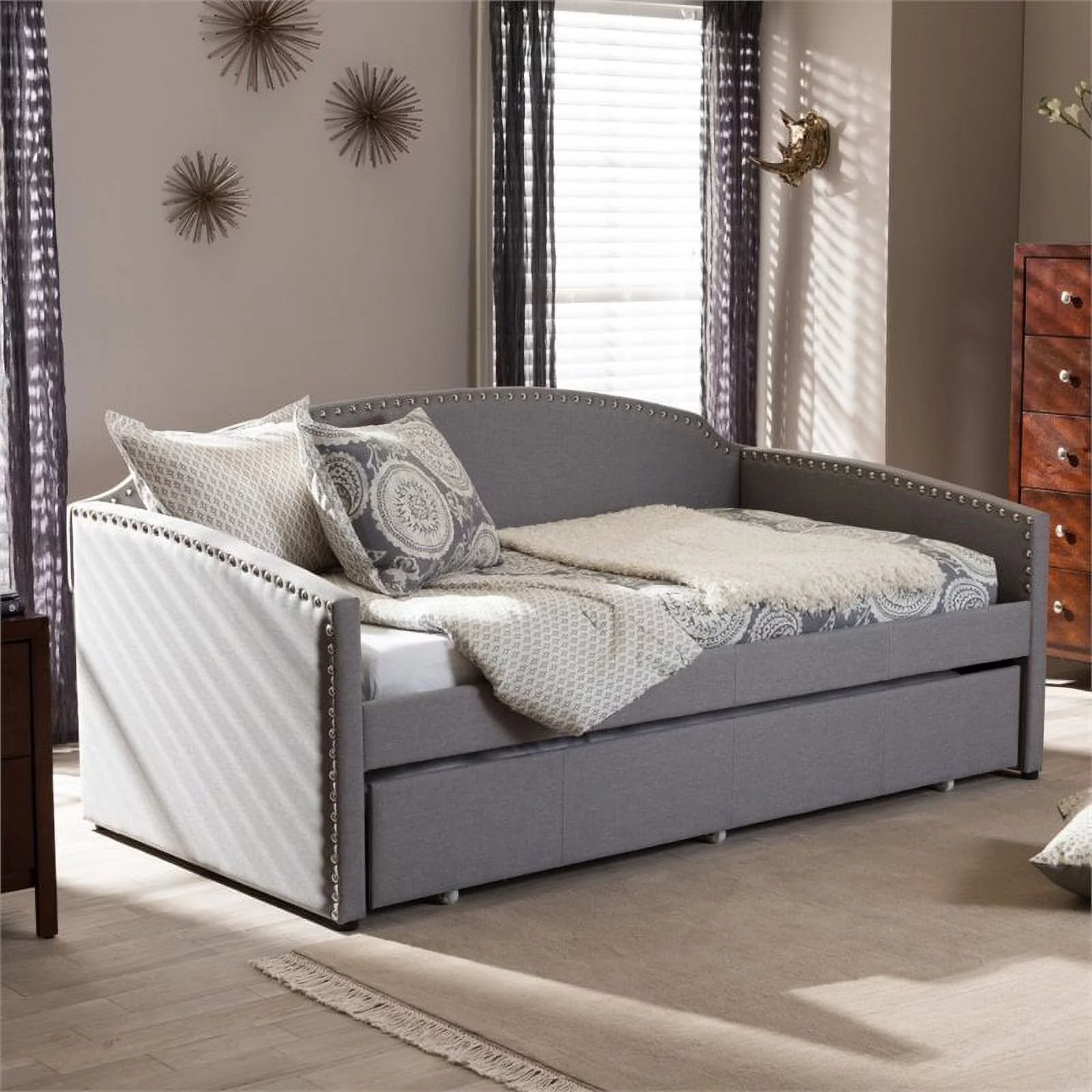 Bowery Hill Upholstered Sofa Twin Daybed in Gray Fabric Linen