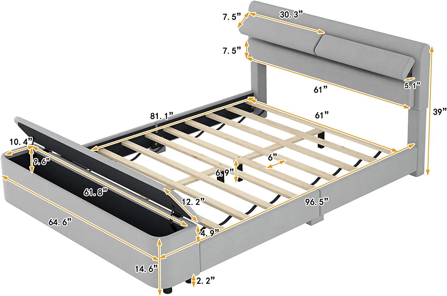 AngLink Queen Size Upholstery Platform Bed with Storage Headboard and Footboard, Support Legs, Gray