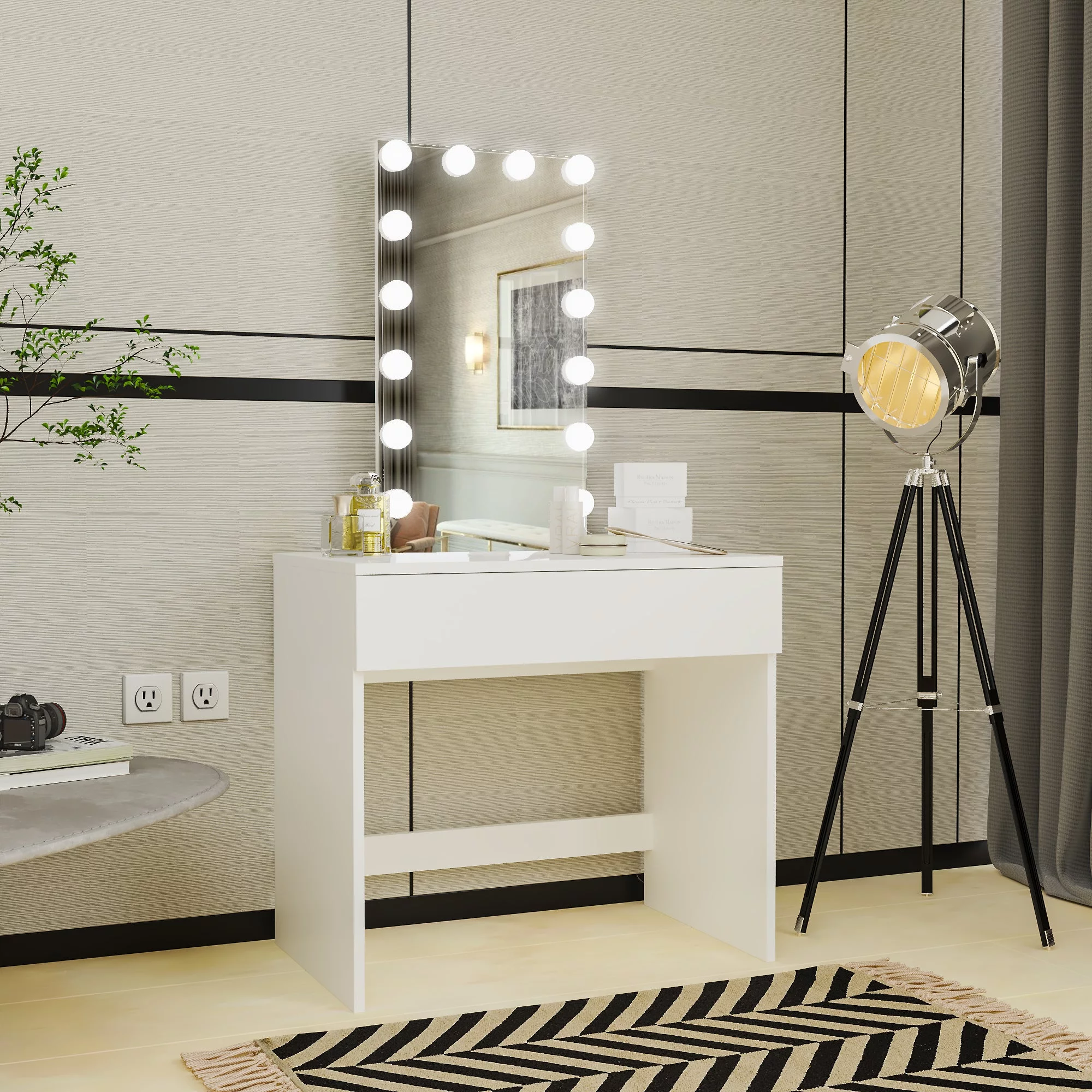 Boahaus Ariadne Modern Vanity Table, Light Bulbs, White, for Bedroom
