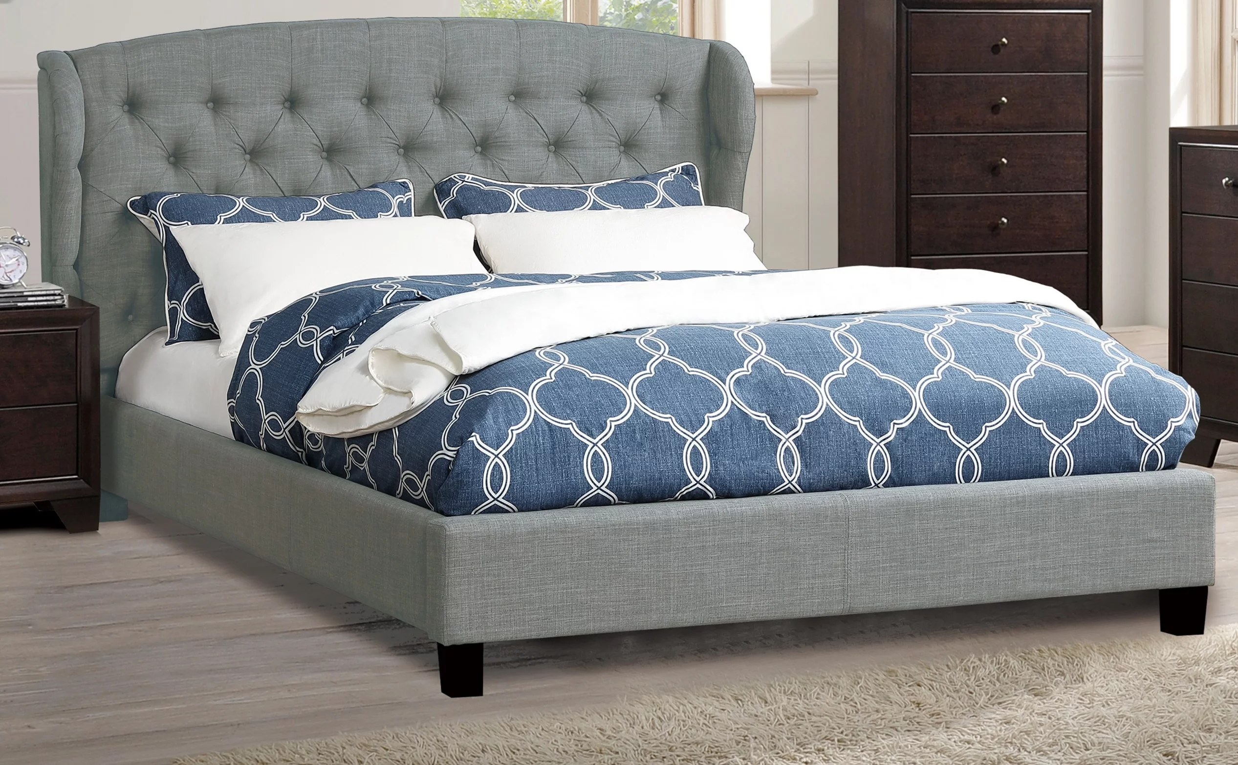 Eastern King size bed Grey polyfiber bedroom furniture 1pc bed set Tufted adjustable headboard wingback