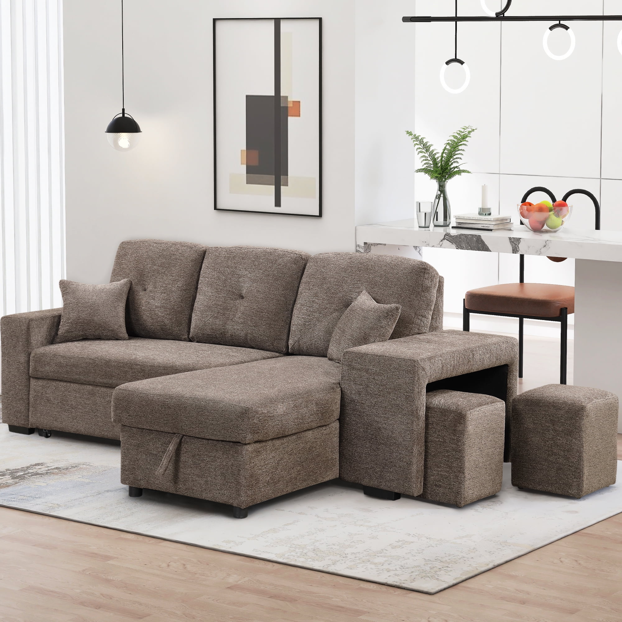 Euroco L-Shaped Sectional Sofa Bed with Side Shelf and 2 Stools, Reversible Sleeper Pull-Out Sofa Bed for Living Room, Charcoal Brown